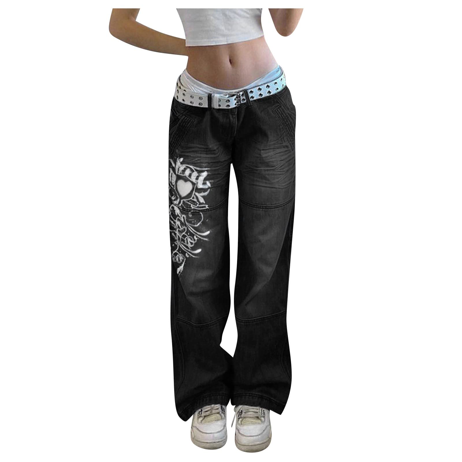Timbrigte Women's Y2K Casual Graphic Print Wide Leg Jeans | Vintage Denim Cargo High Waist Pants | Streetwear Fashion | Perfect for Casual Outings, Parties & Retro Style