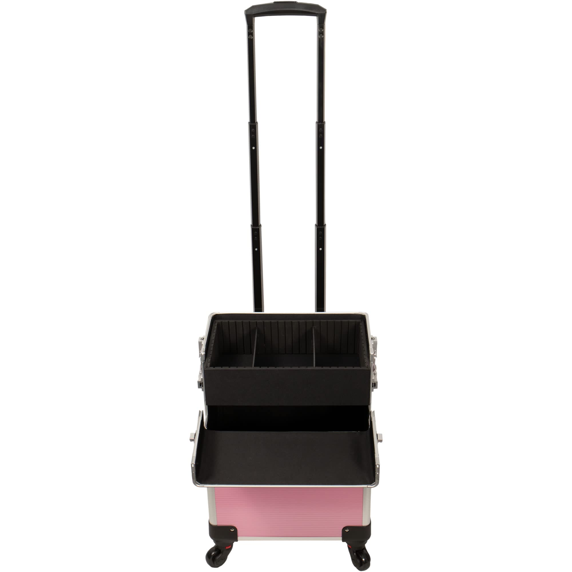 HIKER Professional Makeup Rolling Case HK6501 - 2 in 1 Hair Stylist Organizer with 3 Slide Drawers & Removable Tray | 4-Wheel Spinner Luggage with Lock, Mirror, Extra Lid & Shoulder Strap | Pink Matte Cosmetic Case for Travel & Salon Use