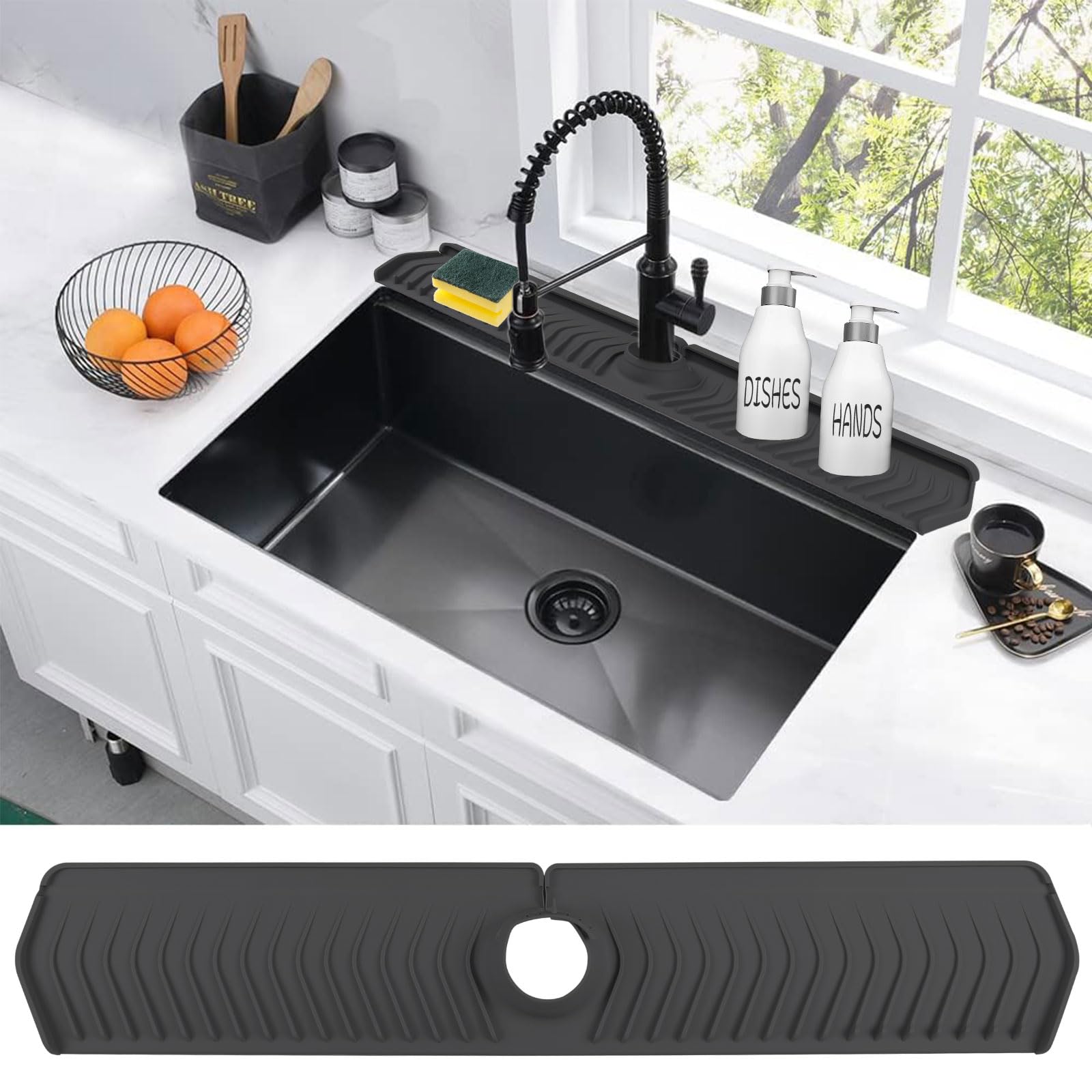 30 Inch Silicone Kitchen Sink Splash Guard - Anti-Splash Faucet Mat & Drip Catcher Tray for Countertop Protection - Perfect for Kitchen & Bathroom Use (Black) - Ideal for Cooking, Dishwashing & Handwashing Scenes