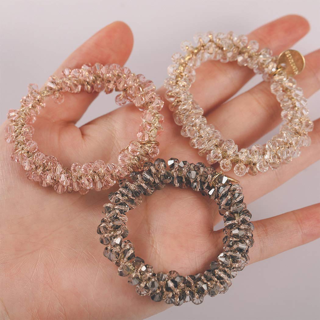 Brinie White Elastic Hair Scrunchies with Crystal Beads - 3 Pack Hair Ties & Ponytail Holders for Women & Girls - Perfect for School, Work, Gym & Everyday Styling