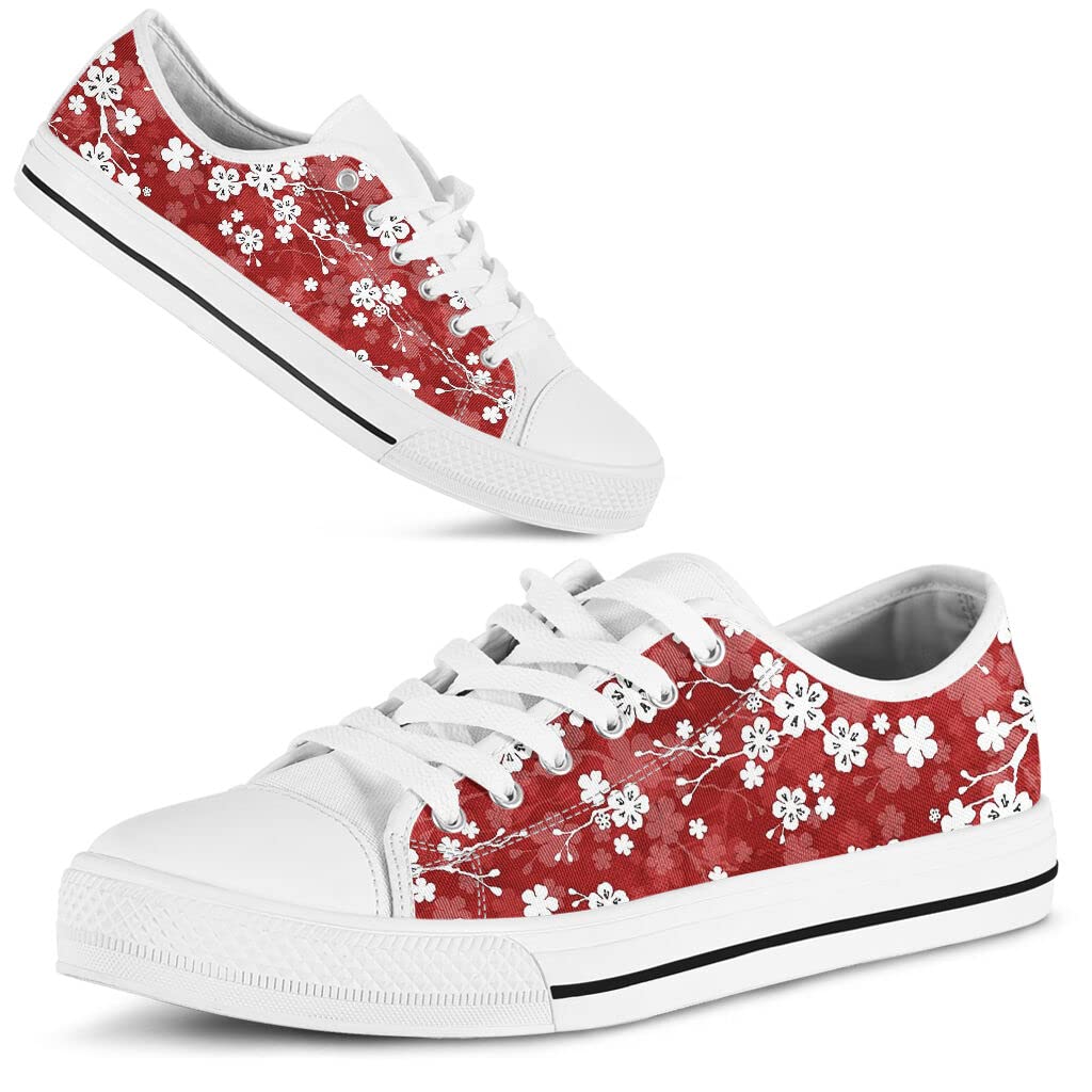 Japanese Sakura Cherry Blossom Canvas Sneakers - Red & White Low Top Unisex Shoes for Men & Women | Perfect Gift for Japanese Culture Lovers | Casual Wear, Street Fashion, Anime Cosplay & Spring Outfits