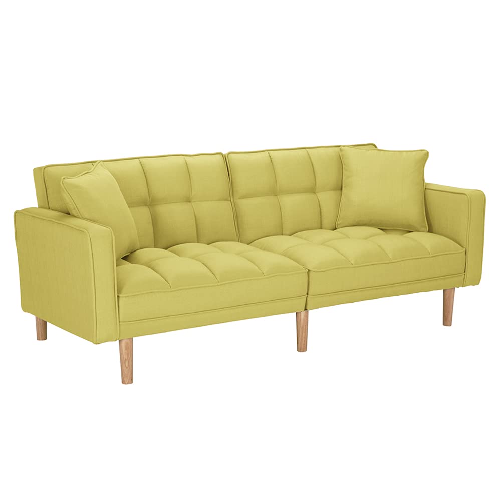 Modern Convertible Futon Sofa Bed with Armrests & 2 Pillows - Twin Size Sleeper Sofa for Living Room, Guest Room & Small Spaces - 5 Solid Wood Legs, Handpicked Yellow Fabric - Perfect for Apartments, Dorms & Home Offices