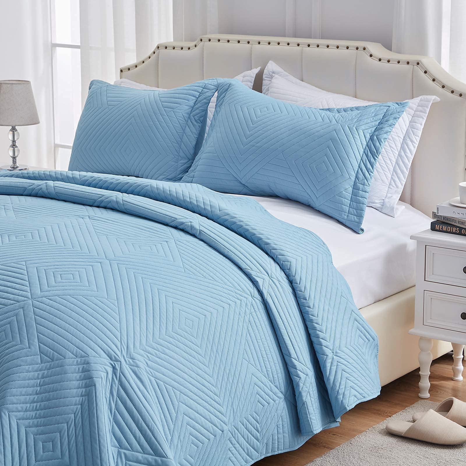 SunStyle Lightweight Summer Quilt Set - Full/Queen Size Blue Down-Alternative Bedspread with 2 Pillow Shams | All-Season Soft Coverlet for Bedroom Decor | Perfect for Guest Rooms, Master Bedrooms & Cozy Home Styling