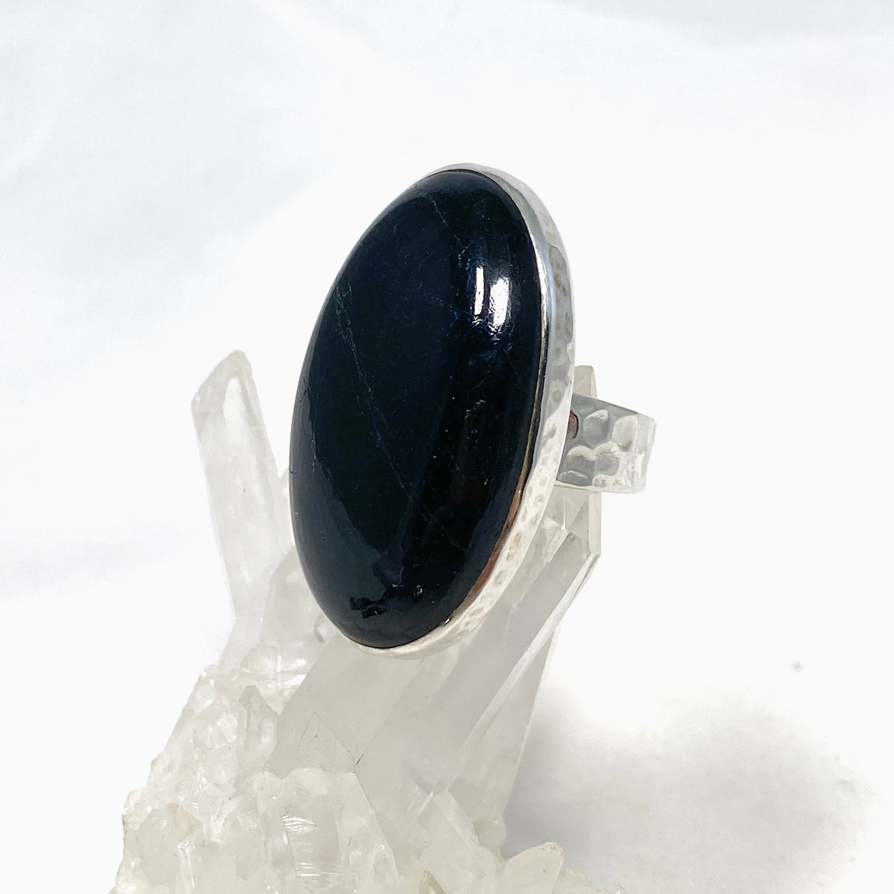 Black Tourmaline Oval Hammered Band Ring for Men - Size 11 (KRGJ2876) - Protection Stone Jewelry for Energy Healing & Spiritual Wellness