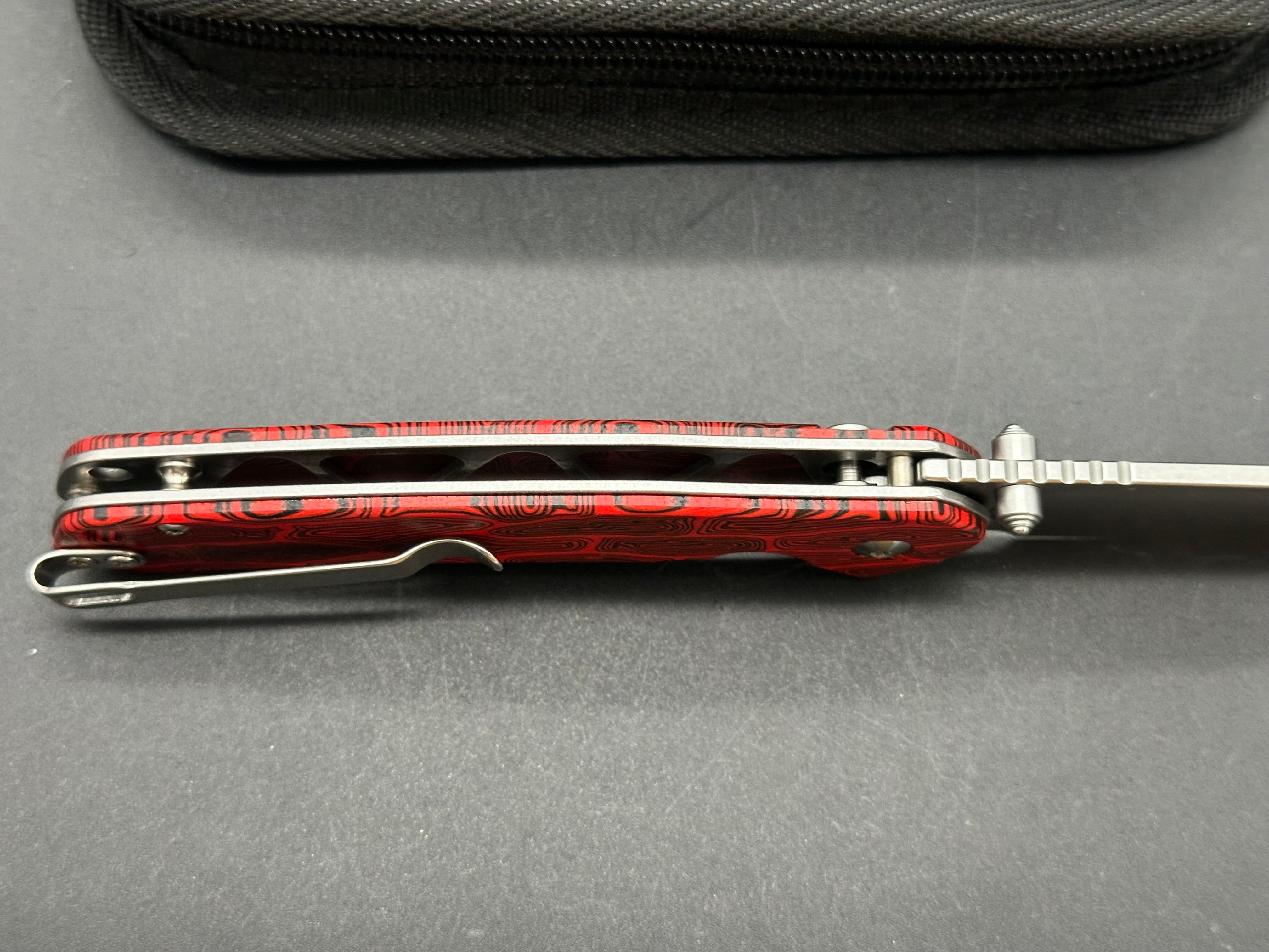 CJRB Pyrite Black & Red Damascus G10 Handle Folding Knife - AR RPM9 Steel Drop Point Plain Edge Stonewash Finish - EDC, Outdoor, Camping, Survival, and Everyday Carry