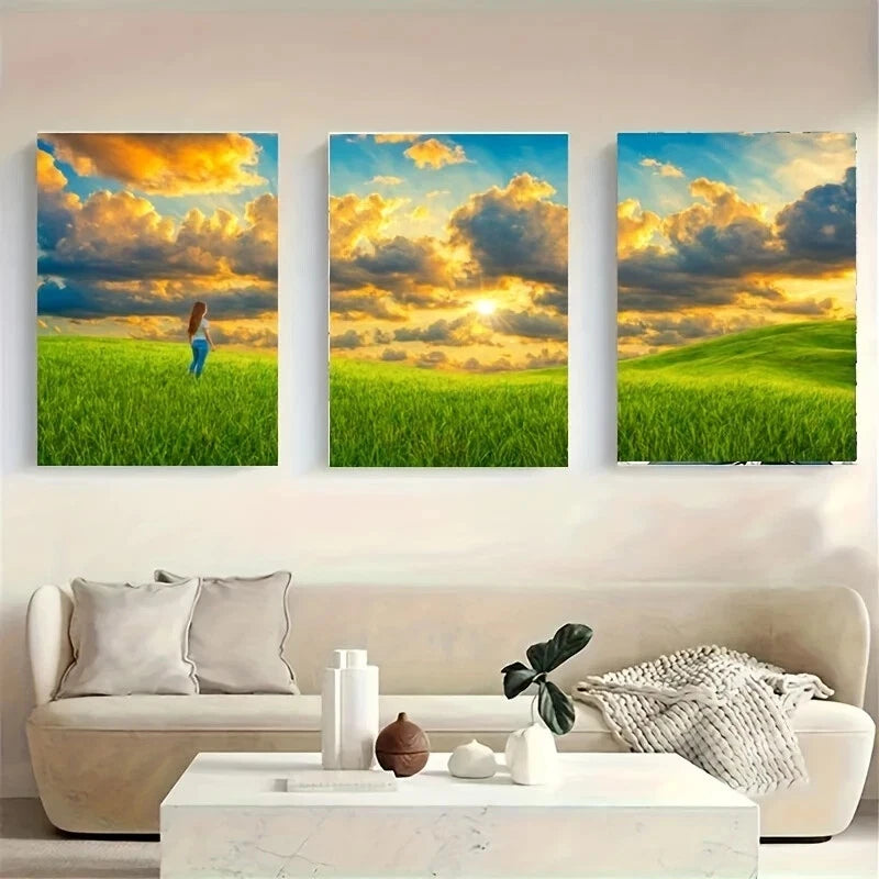 3-Piece Metal Wall Art Print - Person Standing in Grassy Field Landscape - Ready to Hang Home Decor for Living Room, Bedroom & Office