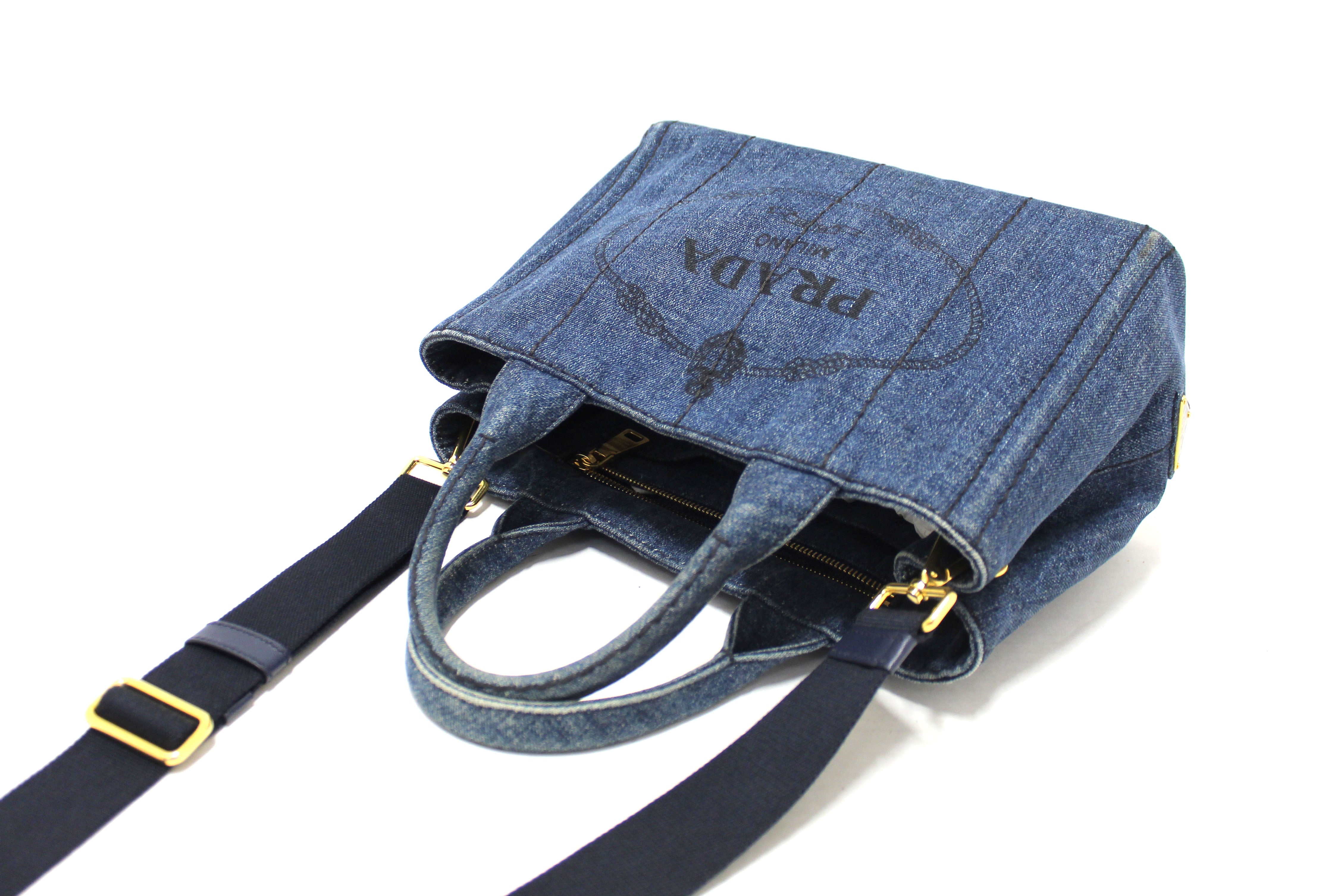 Authentic Prada Blue Denim Small Canapa Canvas Tote Bag with Long Strap - Luxury Designer Handbag for Women, Perfect for Work, Travel & Everyday Use