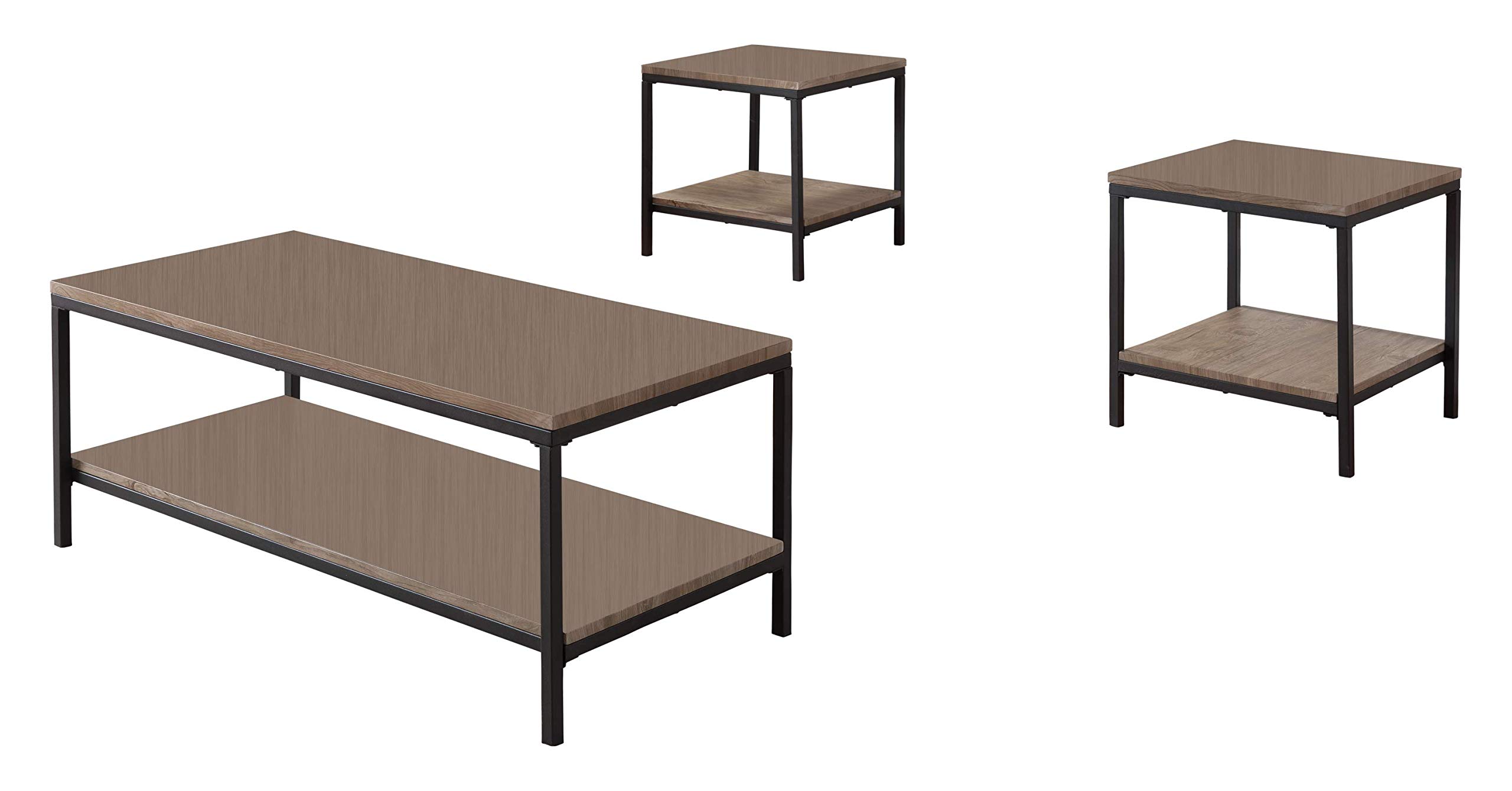 Kings Brand Furniture - 3-Piece Gray Wood and Black Metal Frame Coffee Table Set with 2 End Tables for Living Room, Lounge, and Office Decor