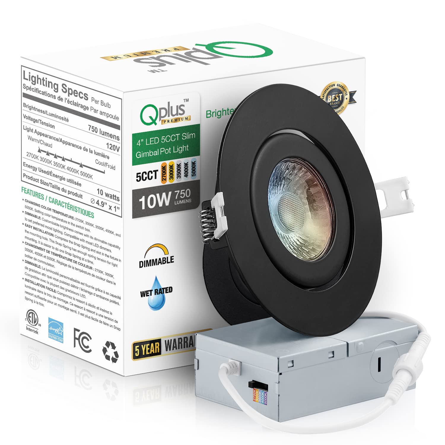 QPLUS 4-Inch Adjustable Recessed LED Gimbal Lights - 5CCT Color Selectable (2700K-5000K), Dimmable, Wet Rated, ETL & IC Certified, Canless Design - Perfect for Kitchens, Bathrooms & Living Rooms - 16 Pack