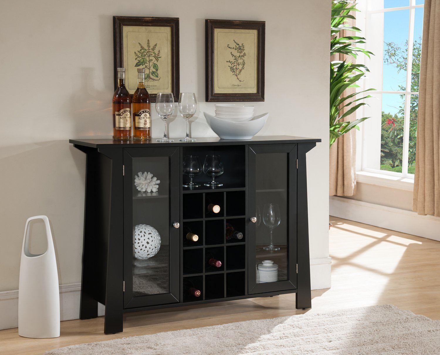 KB Designs - 12-Bottle Wine Rack Sideboard Buffet Bar Cabinet with Storage, Black - Perfect for Dining Room, Living Room, or Home Bar Organization