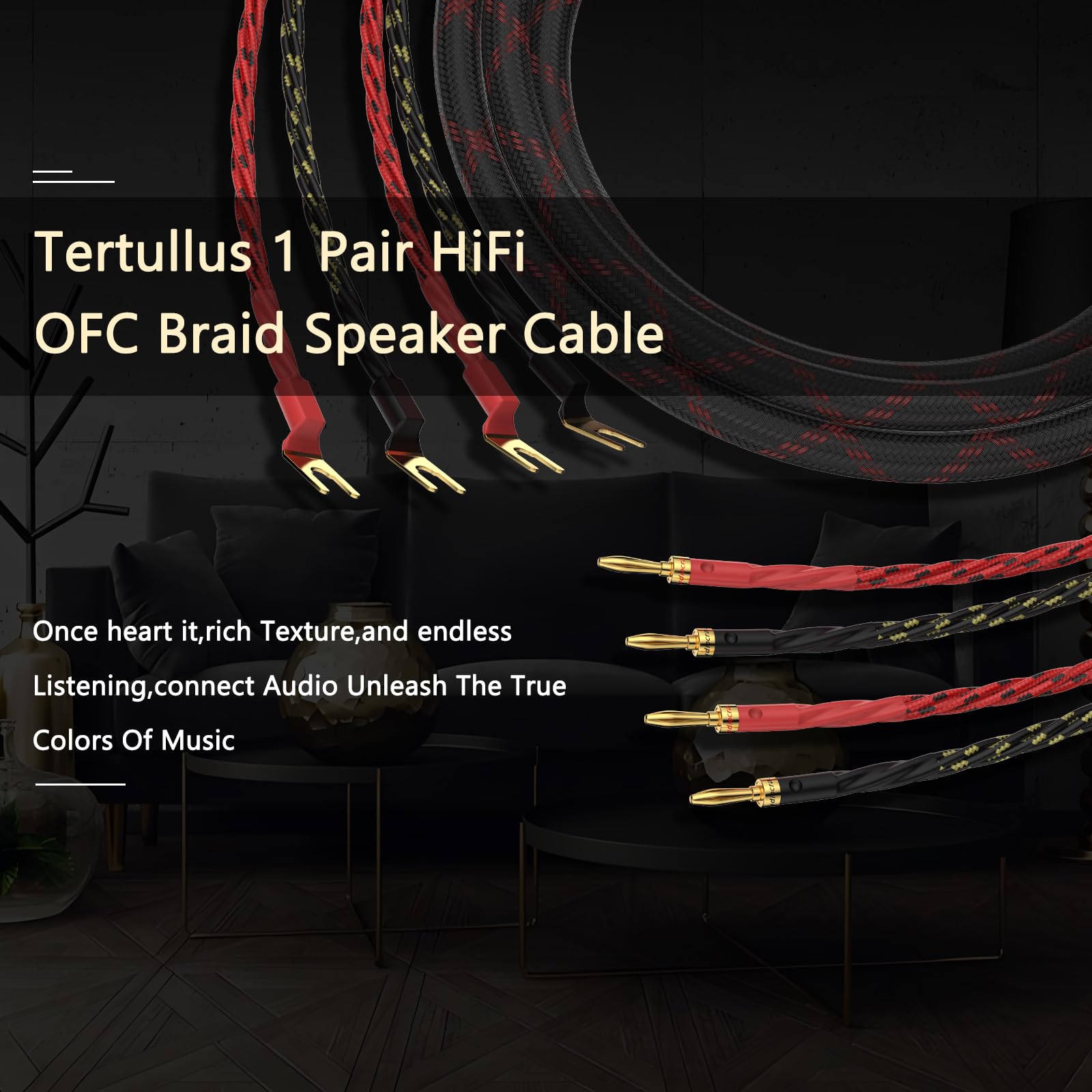Premium HiFi OFC Braided Speaker Cable with 4 Banana Plugs & 4 Spade Connectors - 2m/6.56ft for Home Theater, Concerts, KTV & Audiophile Sound Systems - High-Quality Oxygen-Free Copper Audio Cable for Amplifiers & Speakers