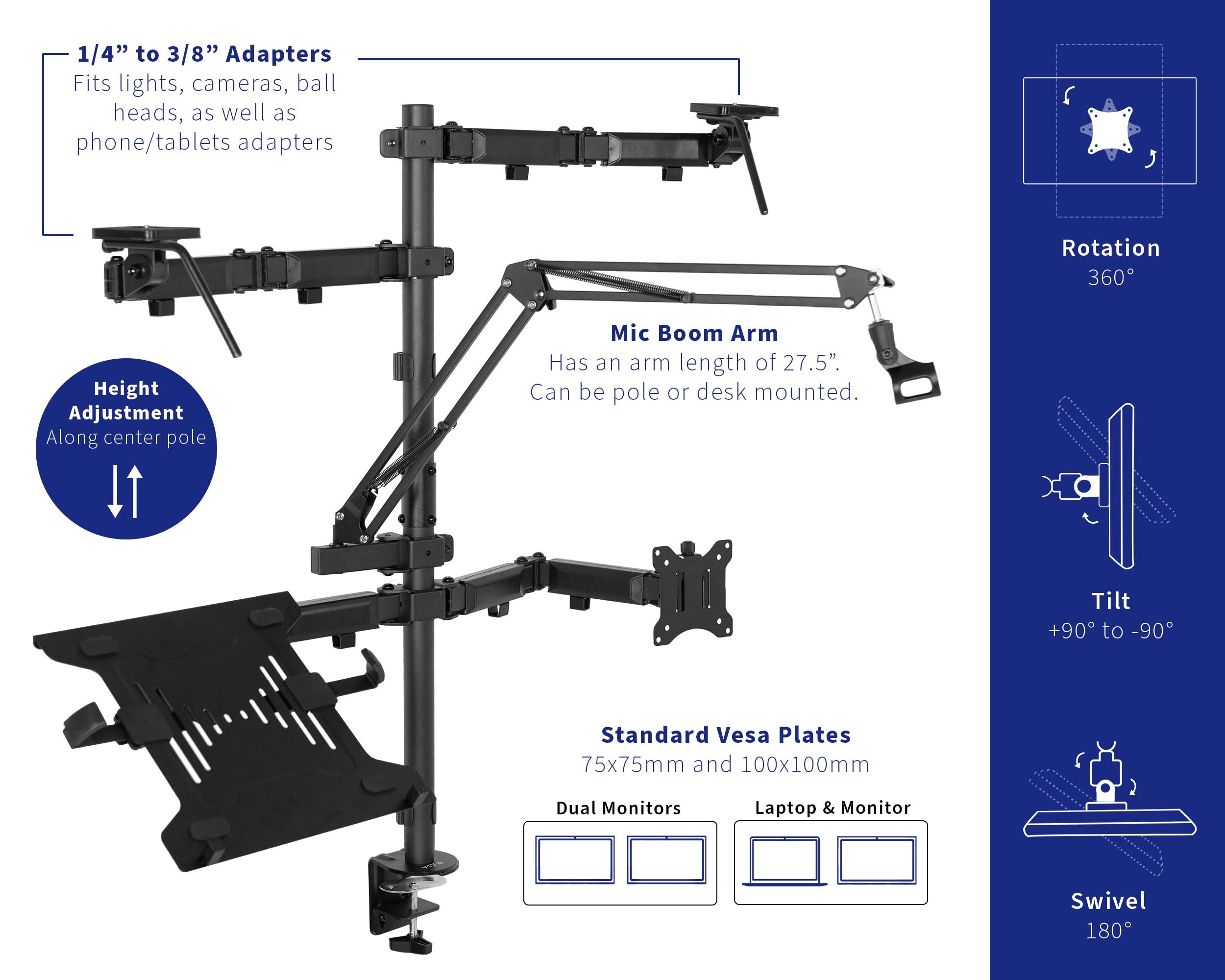 VIVO All-in-One Computer Studio Desk Mount with Mic Boom, Dual Monitor Stand for 32 inch Screens, Laptop Holder & Livestream Arms - Compatible with Cameras, Lights, Phone/Tablet Adapters (STAND-LIVE2L) - Perfect for Home Office, Gaming Setup & Content Creation Studio