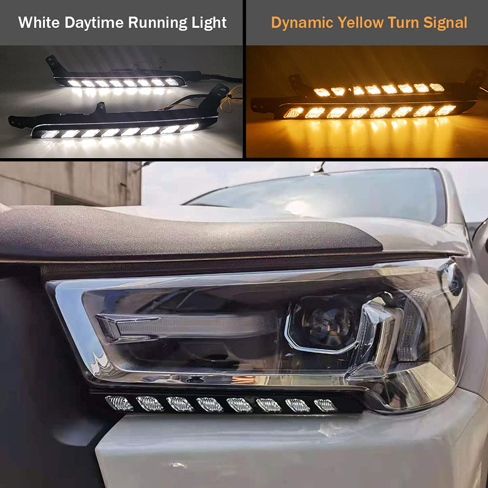 2020-2021 Toyota Hilux Revo Rocco LED Daytime Running Lights with Dynamic Yellow Turn Signal - DRL Light Bar & Wiring Harness Replacement Kit | Off-Road & Night Driving Safety Upgrade