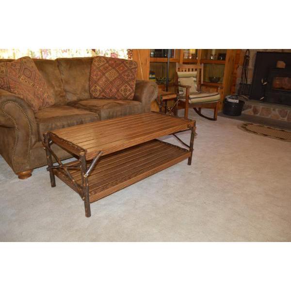 Solid Hickory Wood Coffee Table with Storage Shelf - Rustic Farmhouse Living Room Furniture for Home Decor & Entertainment Areas