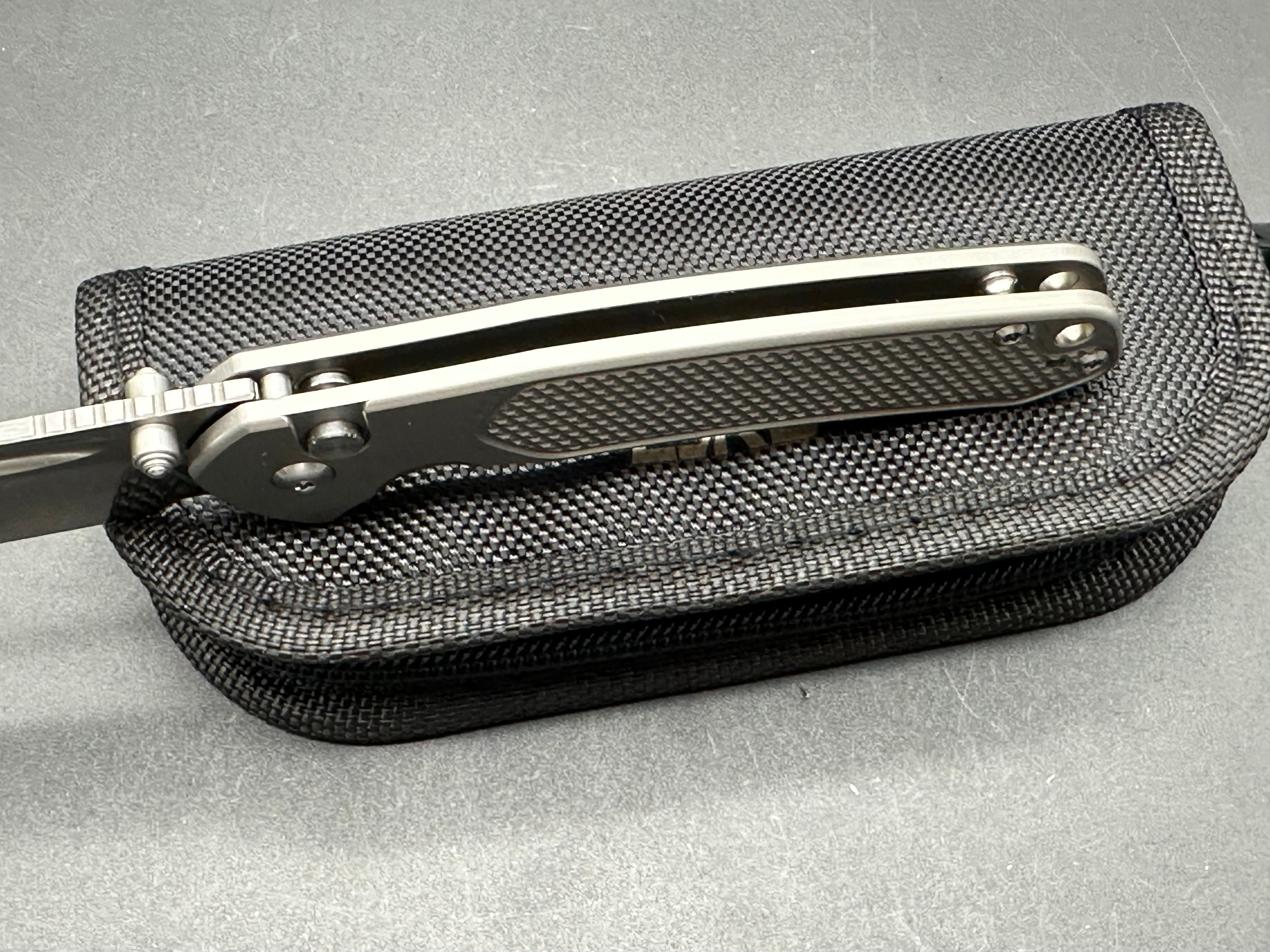 CJRB Bowie Pyrite Button Lock Folding Knife - Textured Gray Titanium Handle, 3.2