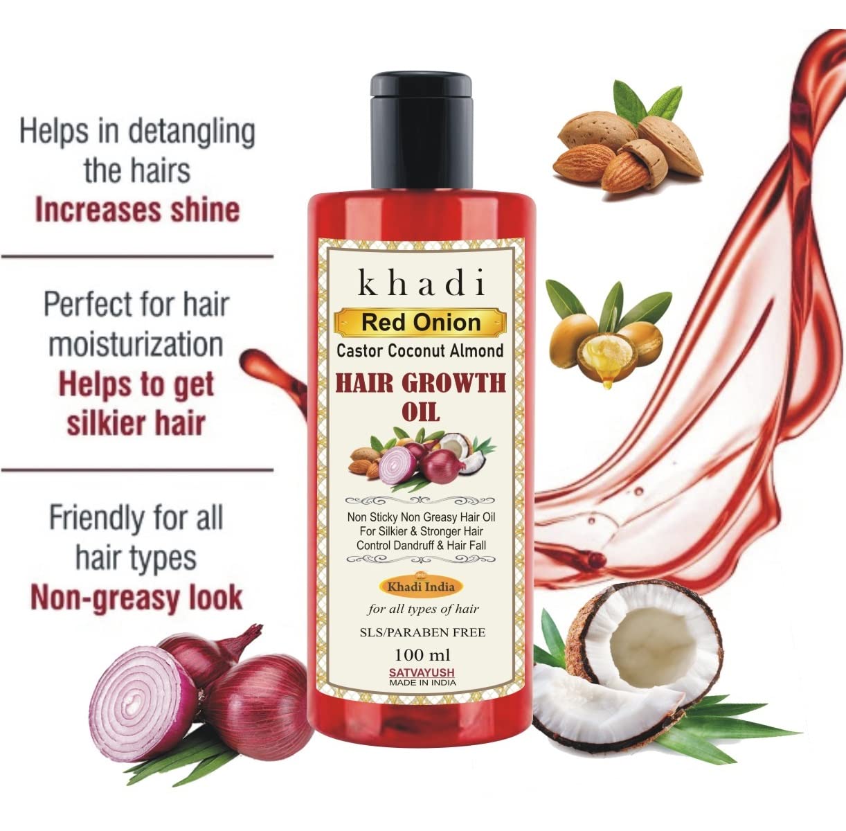 Satvayush Khadi Red Onion Hair Growth Oil with Castor, Coconut & Almond Extracts - 100ml (Pack of 2) | Promotes Hair Growth & Reduces Hair Fall | Perfect for Daily Hair Care & Scalp Massage