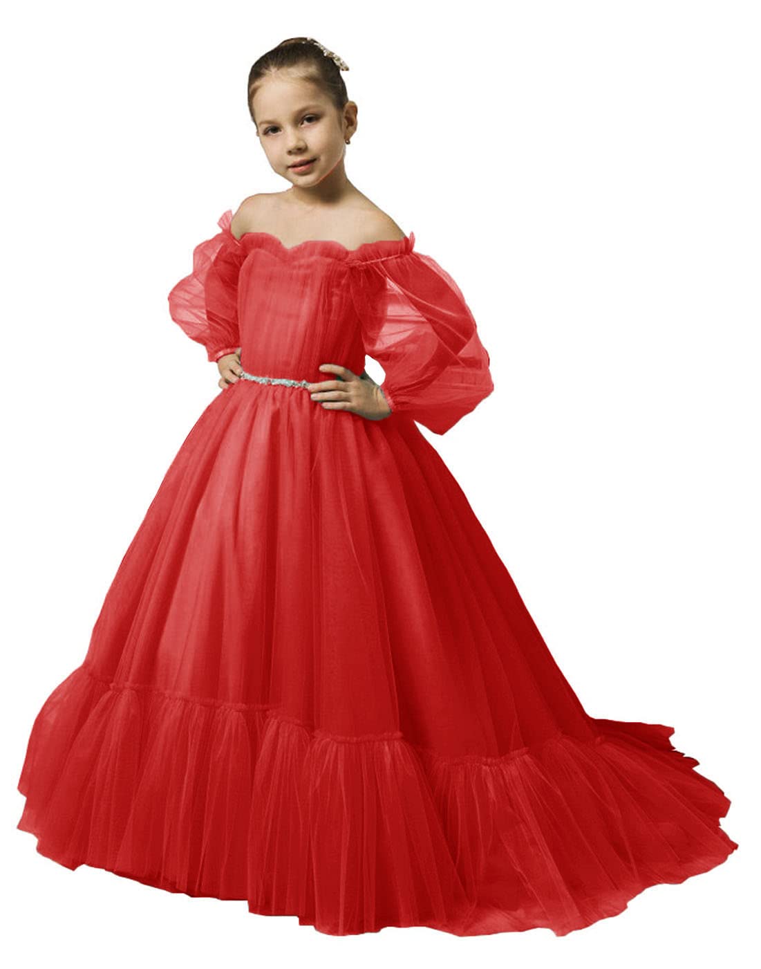 Tianzhihe Girls Puffy Sleeves Flower Dress - Elegant Princess Pageant Gown with Belt for Weddings, Birthday Parties & Special Occasions