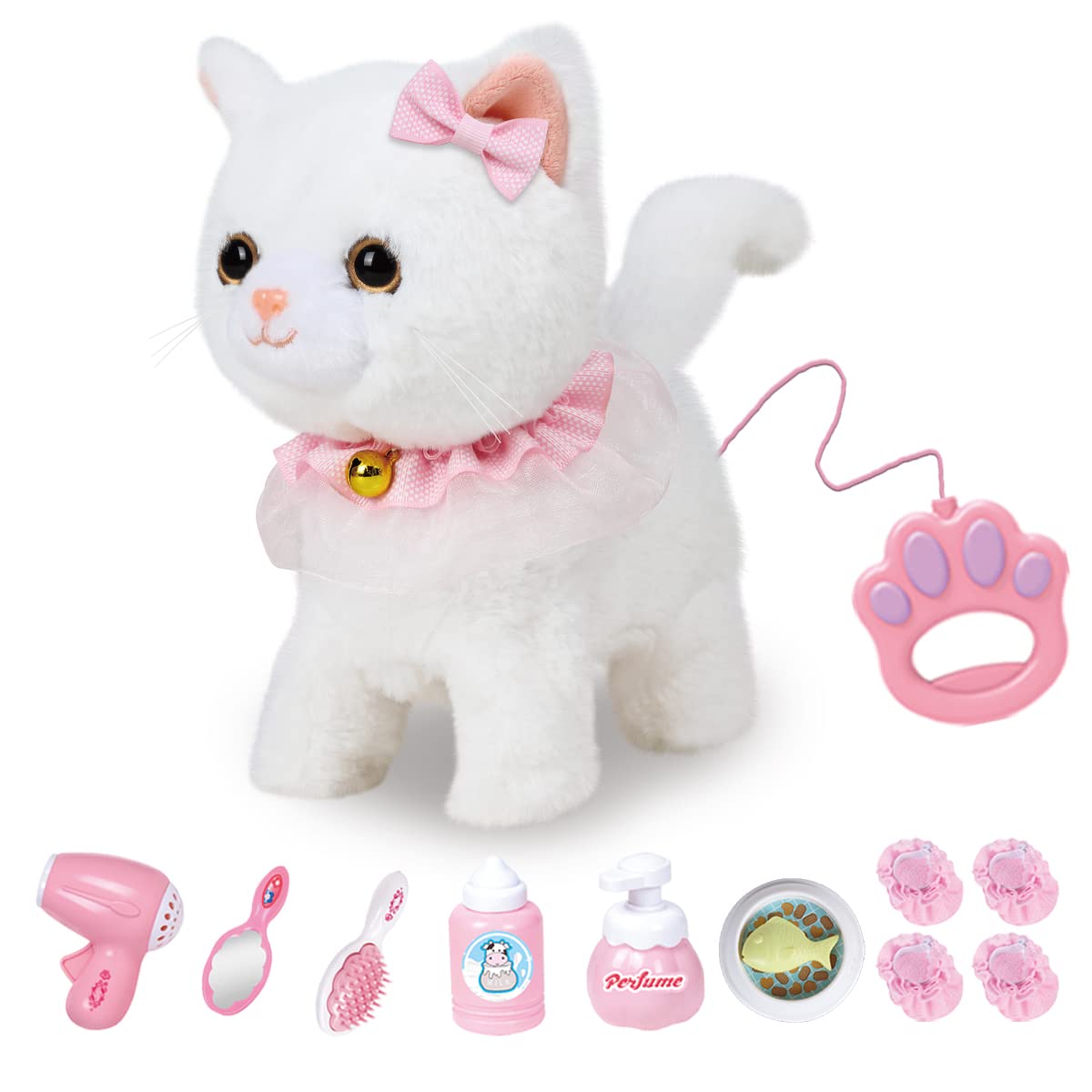 Remote Control Plush Cat Toy - Interactive Electronic Pet with Walking, Barking & Tail Wagging - Realistic White Cat with Leash & Accessories - Perfect for Playtime, Gifts & Pet Training