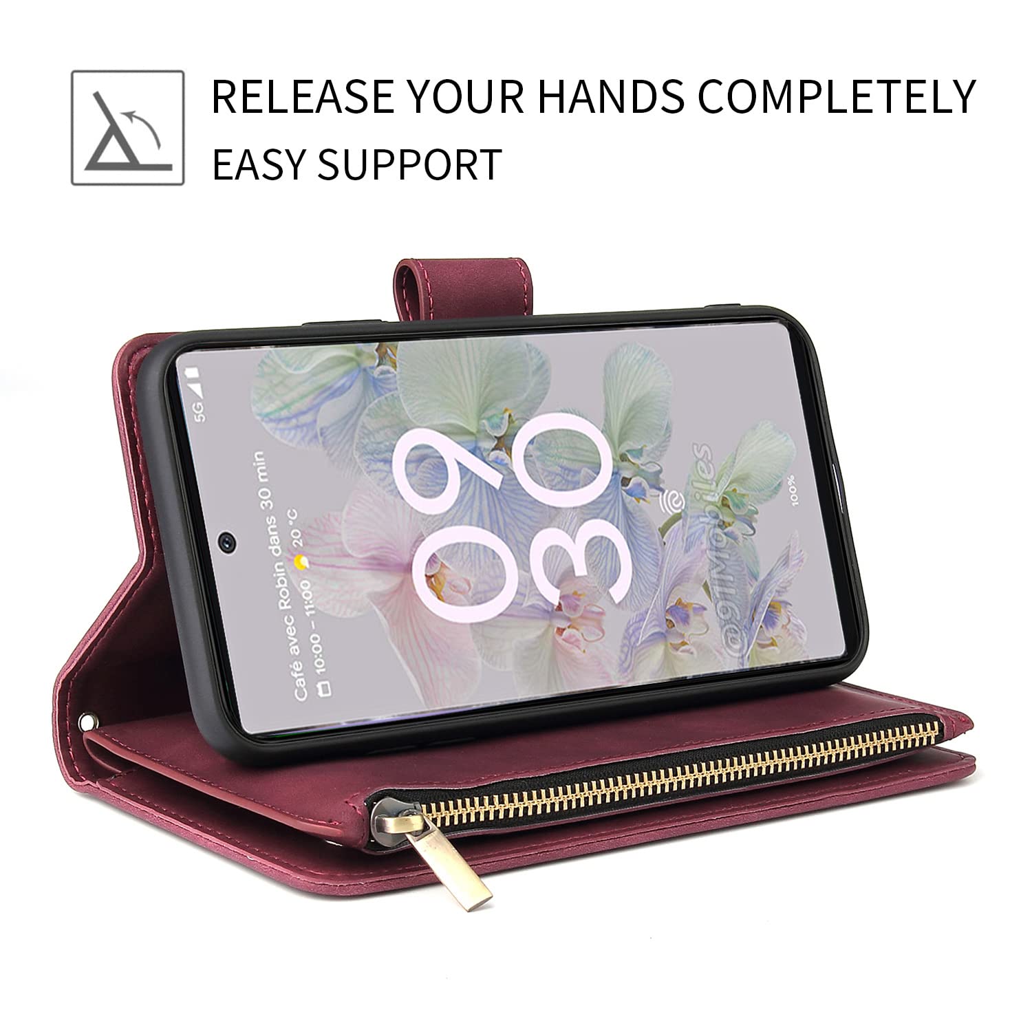 Google Pixel 6A Magnetic Leather Wallet Case - Flip Cover with 6 Card Slots, Hand Strap & Zipper Pocket | Shockproof Stand Case for Women & Men | Perfect for Work, Travel & Daily Use (Red)