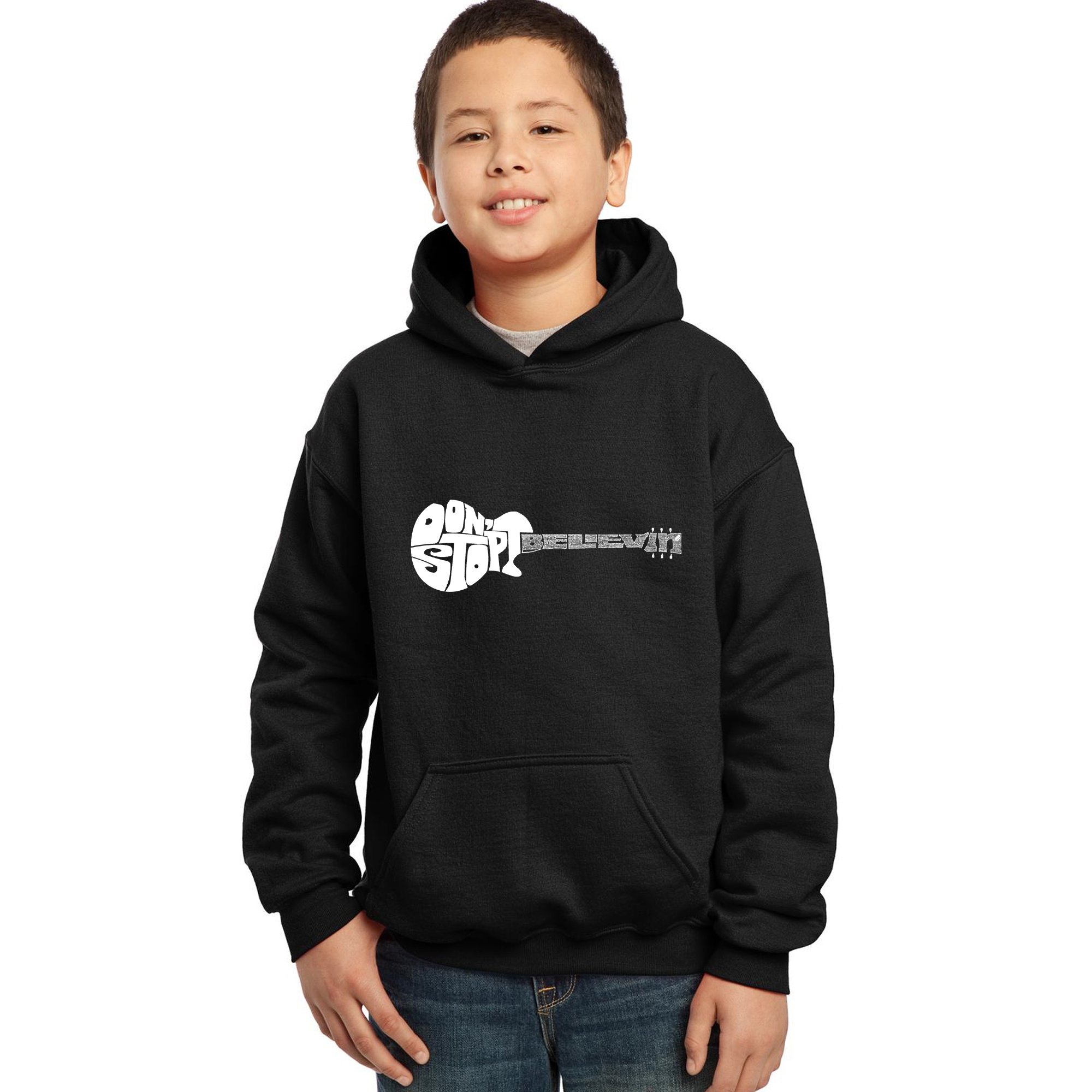 LA POP ART Boys' Word Art Hooded Sweatshirt - Don't Stop Believin' - Trendy Graphic Pullover for Teens, Streetwear Fashion, Casual Outfit for School & Weekend Wear