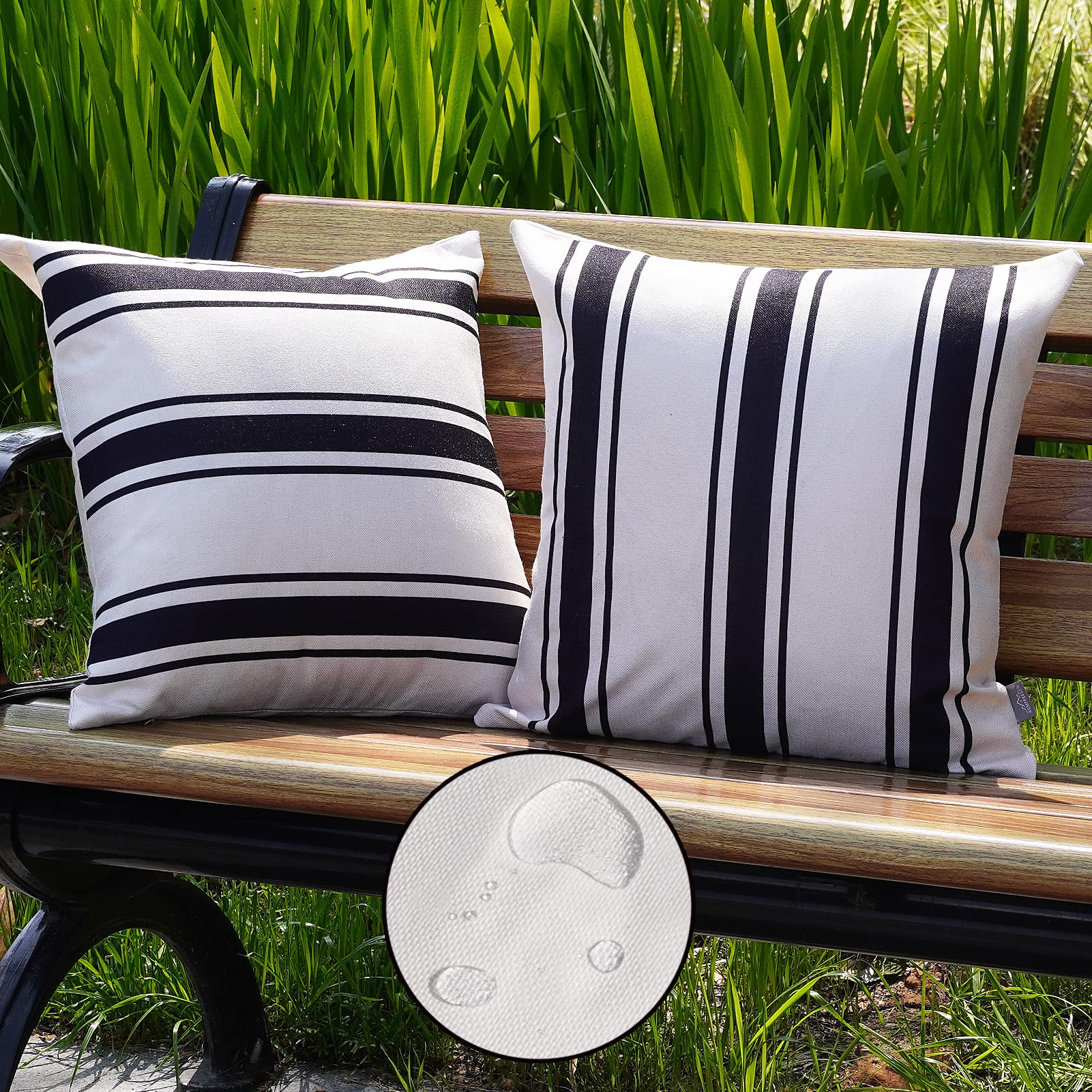 HOMFREEST 18x18 Inch Outdoor Pillow Cover Set of 2 - Waterproof Black & Beige Striped Square Throw Pillow Cases for Patio Furniture, Porch Sofa, Bench, or Car Decor - Perfect for Outdoor Relaxation and Home Décor