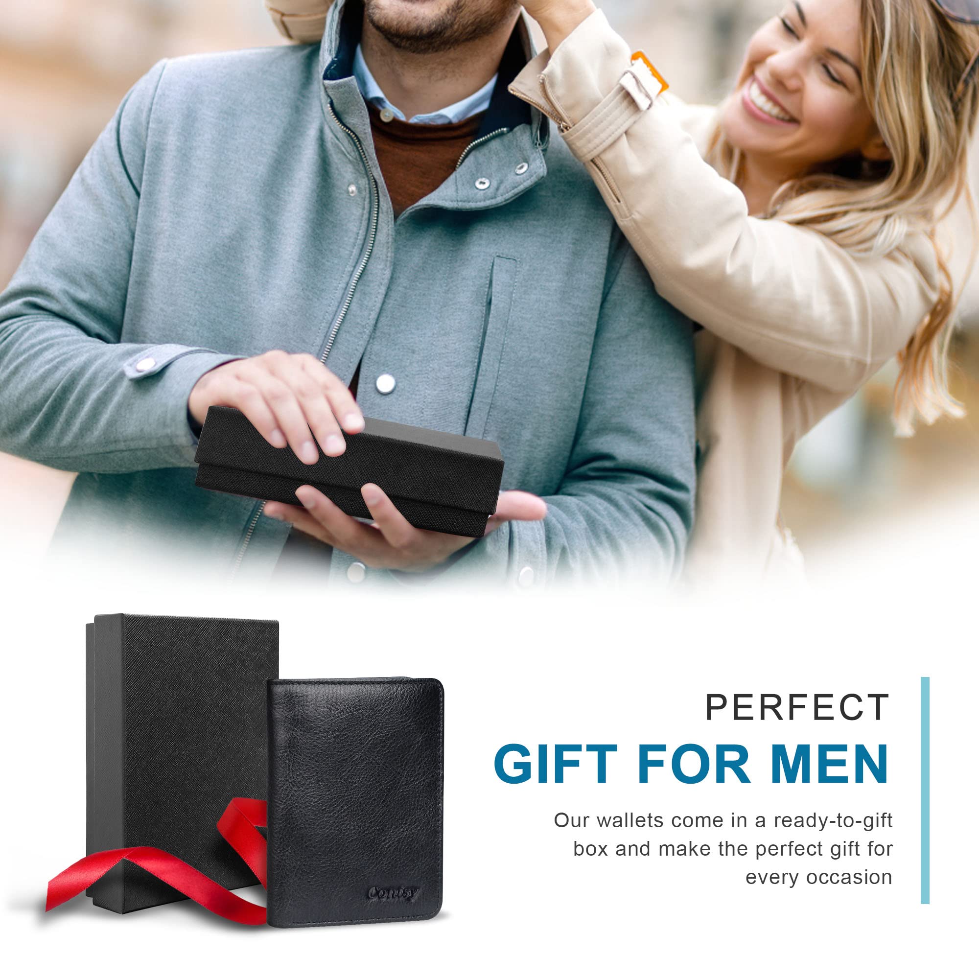 CONISY Genuine Leather RFID Blocking Wallet for Men - Slim Bifold Front Pocket Wallet with 2 ID Windows | Perfect for Everyday Carry, Travel & Business Use