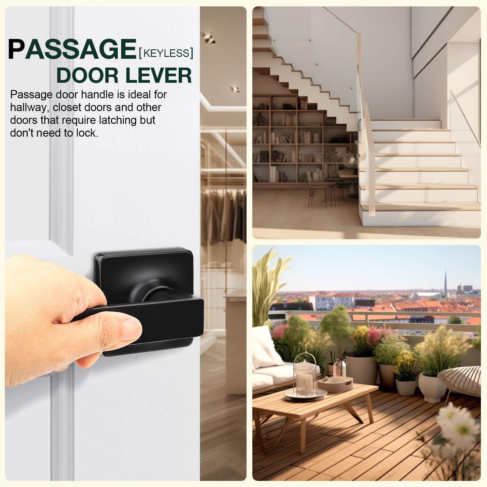 Gobekor 3 Pack Matte Black Square Interior Door Handles - Modern Passage & Closet Door Levers with Lock - Perfect for Bedrooms, Bathrooms & Office Doors