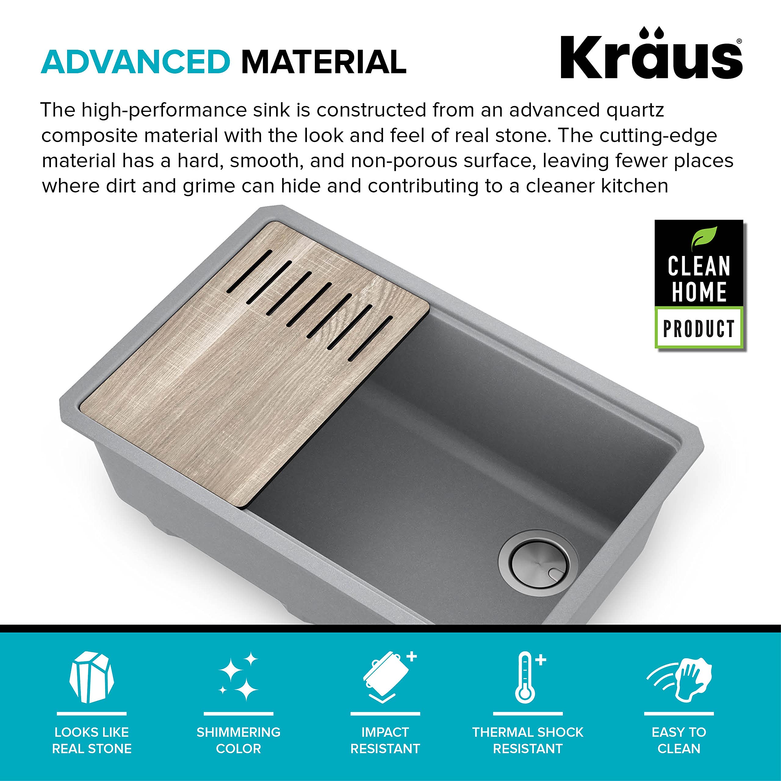KRAUS Bellucci 30-Inch Undermount Workstation Granite Composite Kitchen Sink in Metallic Gray with Accessories (Model KGUW2-30MGR) - Perfect for Modern Kitchens, Food Prep, and Dishwashing