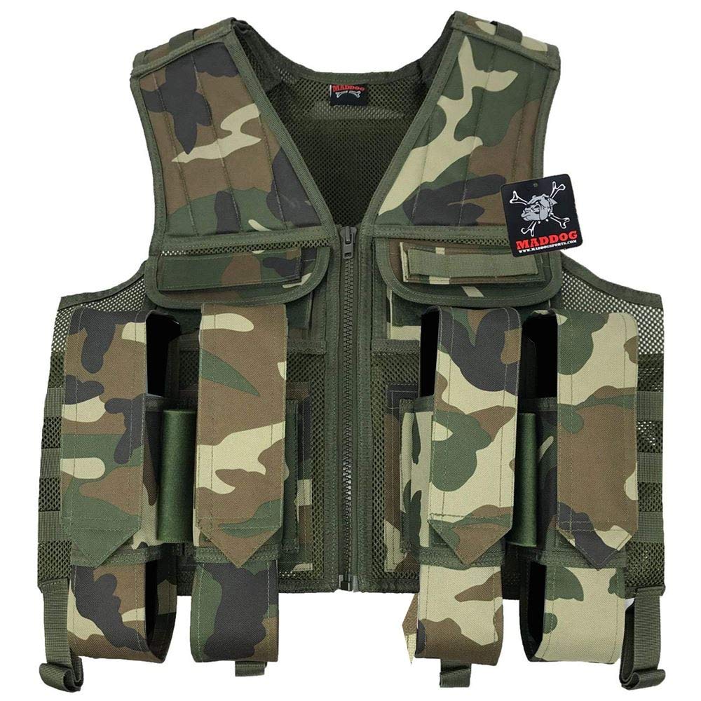 Maddog Tactical Paintball Battle Vest - Woodland Camo Airsoft Vest for Outdoor Sports, Hunting & Military Simulation | Adjustable Molle System & Durable Nylon Construction