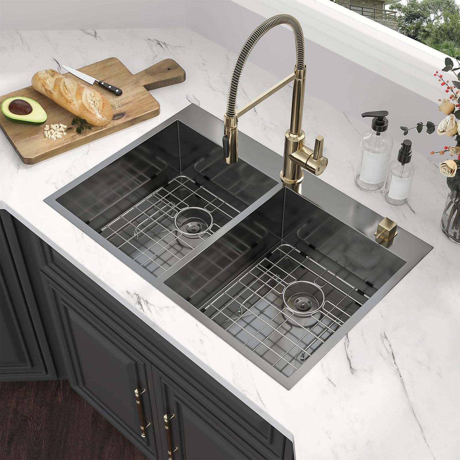 33 Inch Drop-in Double Bowl Kitchen Sink - 18-Gauge Stainless Steel Topmount with Nano Gunmetal Black Finish - Includes Accessories & Dual Faucet Holes - Perfect for Modern Kitchens, Restaurants & Home Renovations