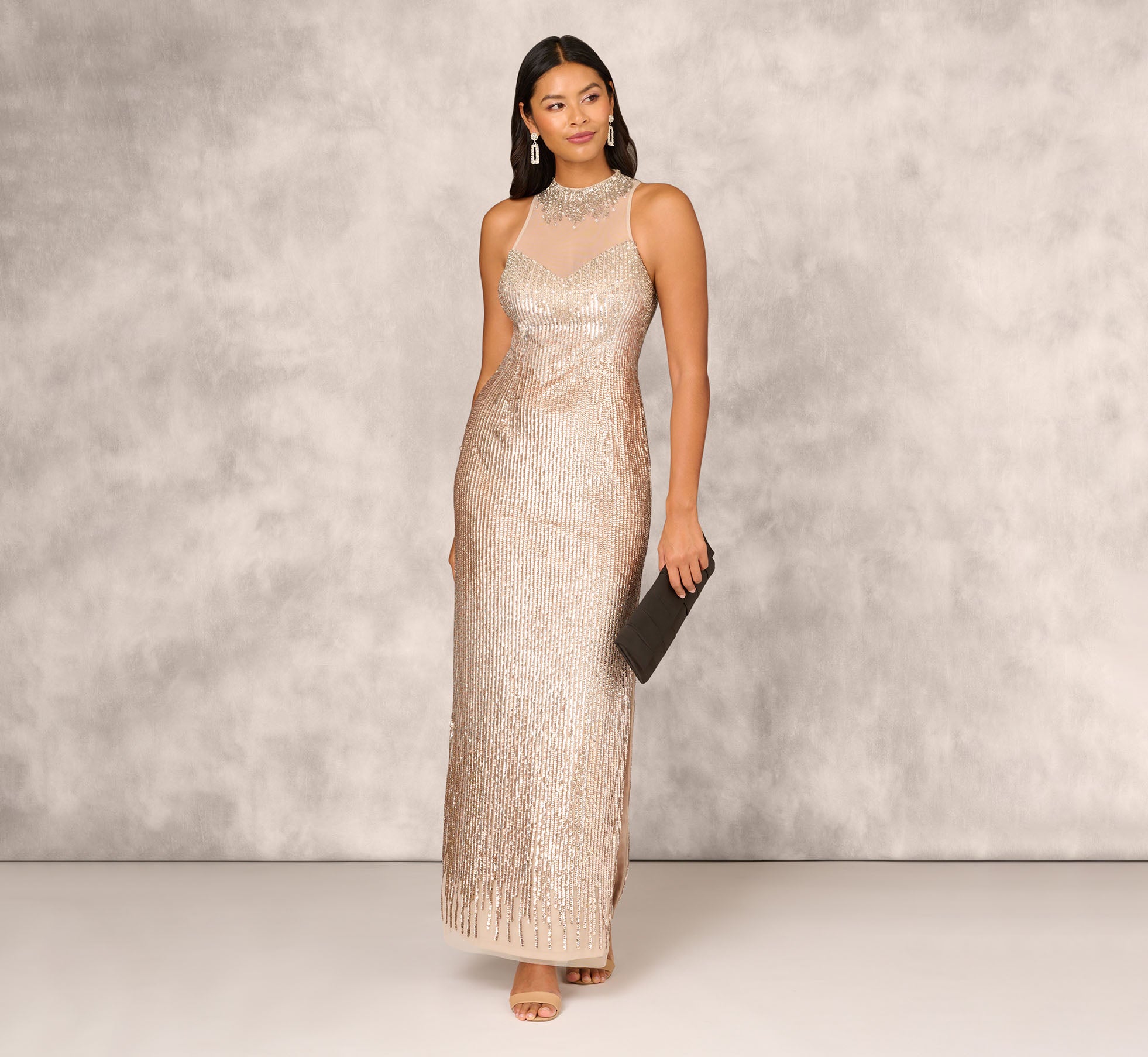 Champagne Sleeveless Beaded Column Gown with Illusion Neckline - Elegant Evening Dress for Prom, Wedding & Formal Events