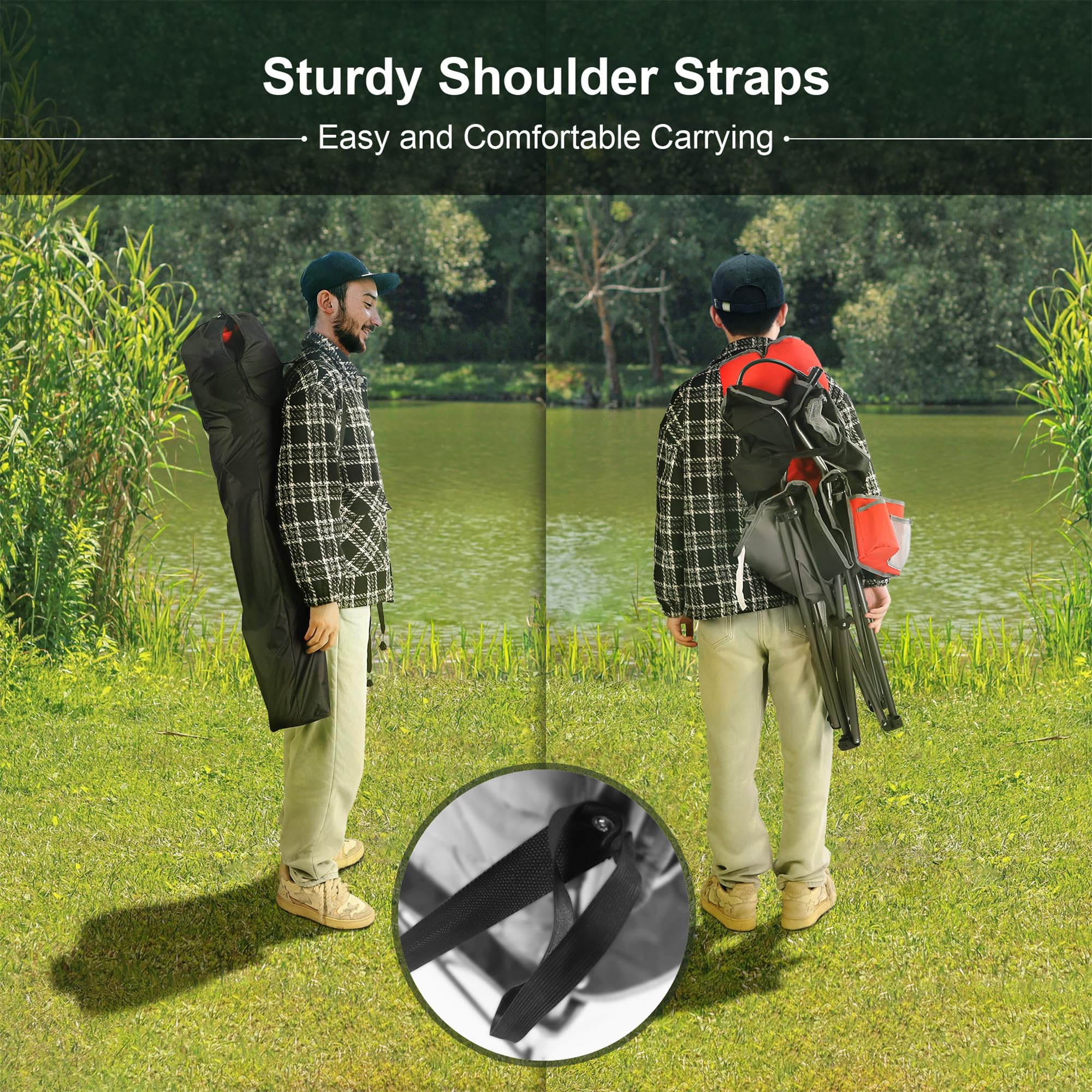 **Heavy Duty Folding Camping Chairs for Adults - High Back Padded Outdoor Lawn Chairs with Phone Holder, Cup Holder & Cooler Bag - Perfect for Beach, Backyard, Picnics & Camping Trips (Red)**