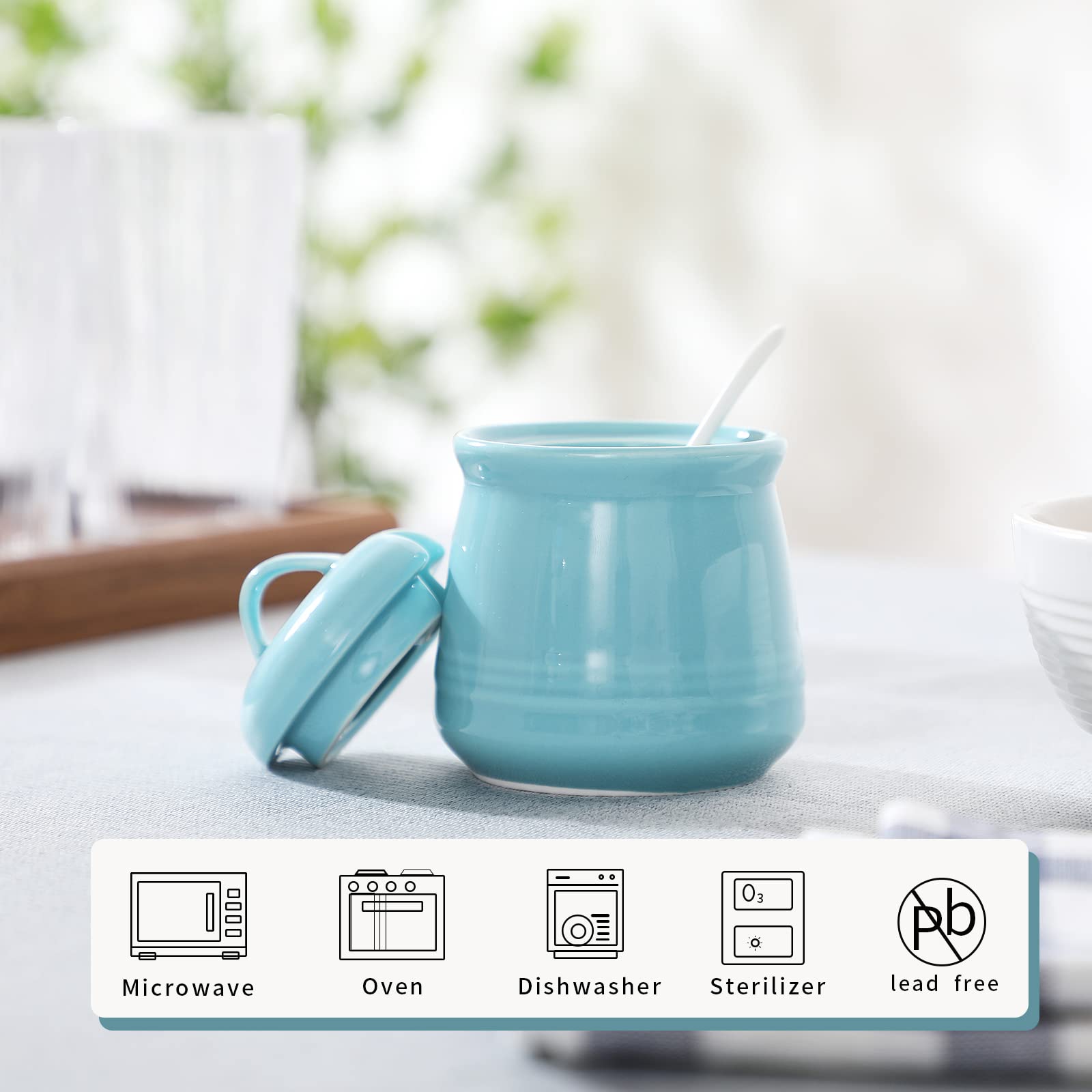 HAOTOP 12oz Porcelain Sugar Bowl with Lid & Spoon - Ceramic Salt & Spice Container for Kitchen, Dining & Coffee Tea Station - Elegant Blue Home Decor
