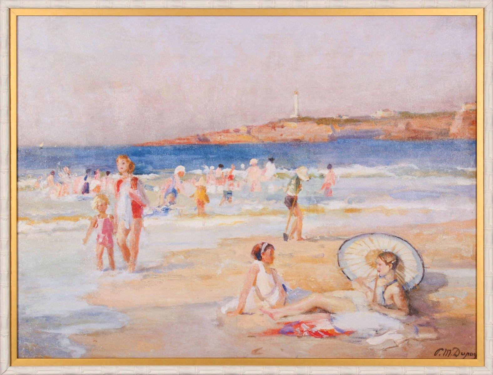 Biarritz Beach Wall Art with Lighthouse & Sunbathers - Double White & Gold Framed Coastal Decor for Living Room, Bedroom or Office