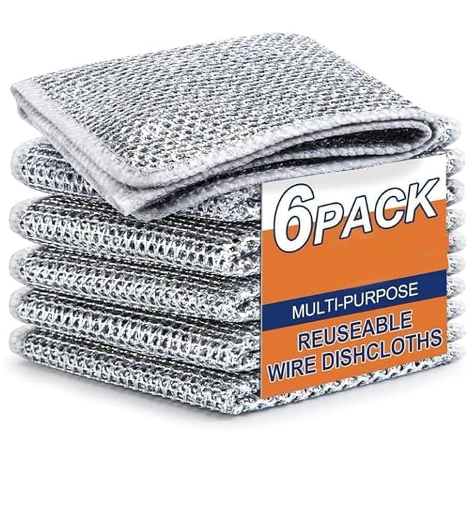 Stainless Steel Scrubber Pads - 6 Pack Multipurpose Wire Dishwashing Rags for Wet & Dry Cleaning, Non-Scratch Dishcloth for Washing Dishes, Sinks, Countertops - Perfect for Kitchen Cleaning & Household Chores