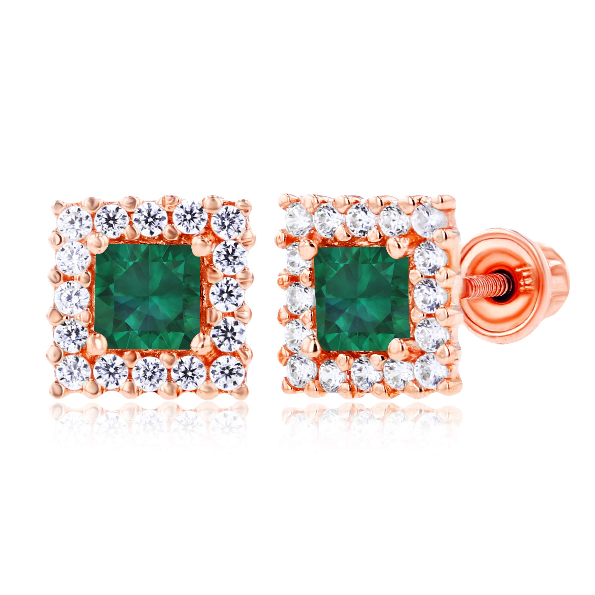 14K Solid Gold Square Birthstone Halo Stud Earrings for Women | 6mm Natural Gemstone | 3mm Square Cut | 1mm White Sapphire Halo Screwback Earrings | Perfect for Birthdays, Anniversaries & Everyday Elegance
