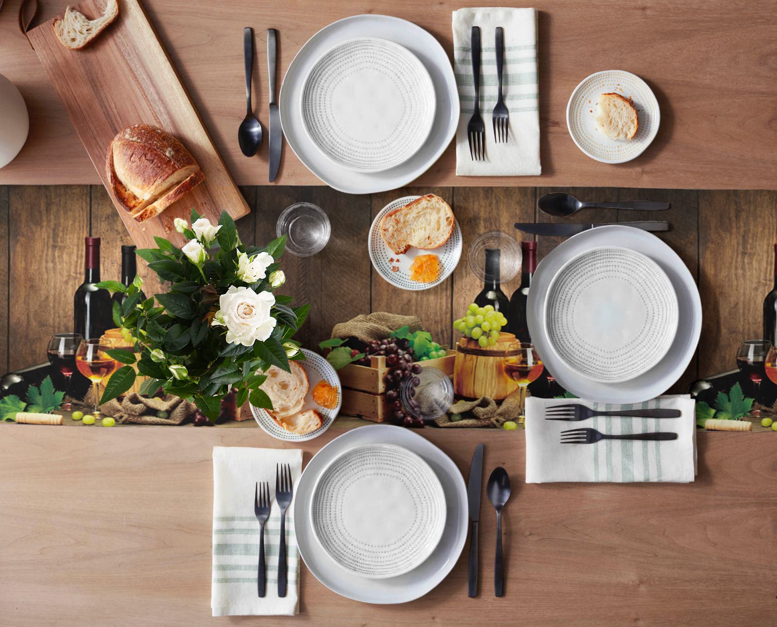 Rustic Wooden Grain Table Runner - Non-Slip Washable Kitchen & Dining Decor with Wine Grapes & Barrels Design (13x36in) | Perfect for Farmhouse Parties, Holiday Dinners & Coffee Table Styling