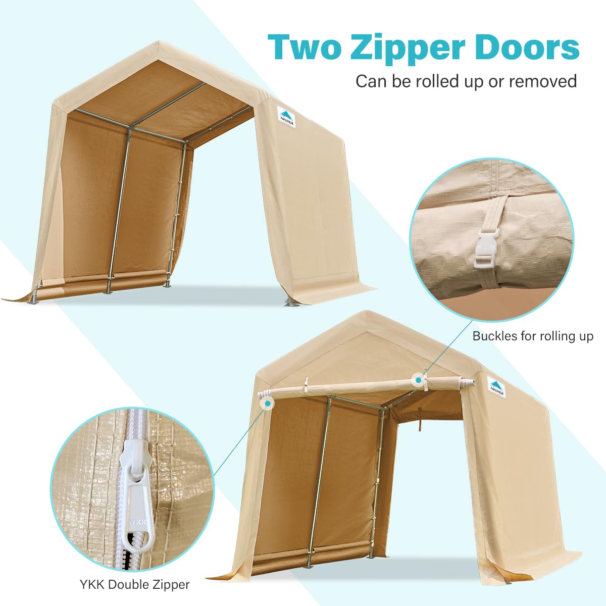 ADVANCE OUTDOOR 8x14 ft Steel Metal Peak Roof Portable Garage Shelter - Heavy Duty Storage Shed & Carport for Motorcycle, Bike, Garden Tools - Includes 2 Roll-up Doors & Ventilation - Perfect for Backyard, Driveway & RV Parking - Beige