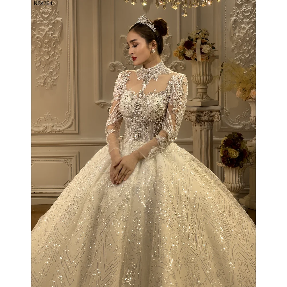 Elegant High Neck Long Sleeve Lace Wedding Ball Gown with Detailing - Perfect for Bridal Ceremonies, Formal Events & Vintage Themed Weddings