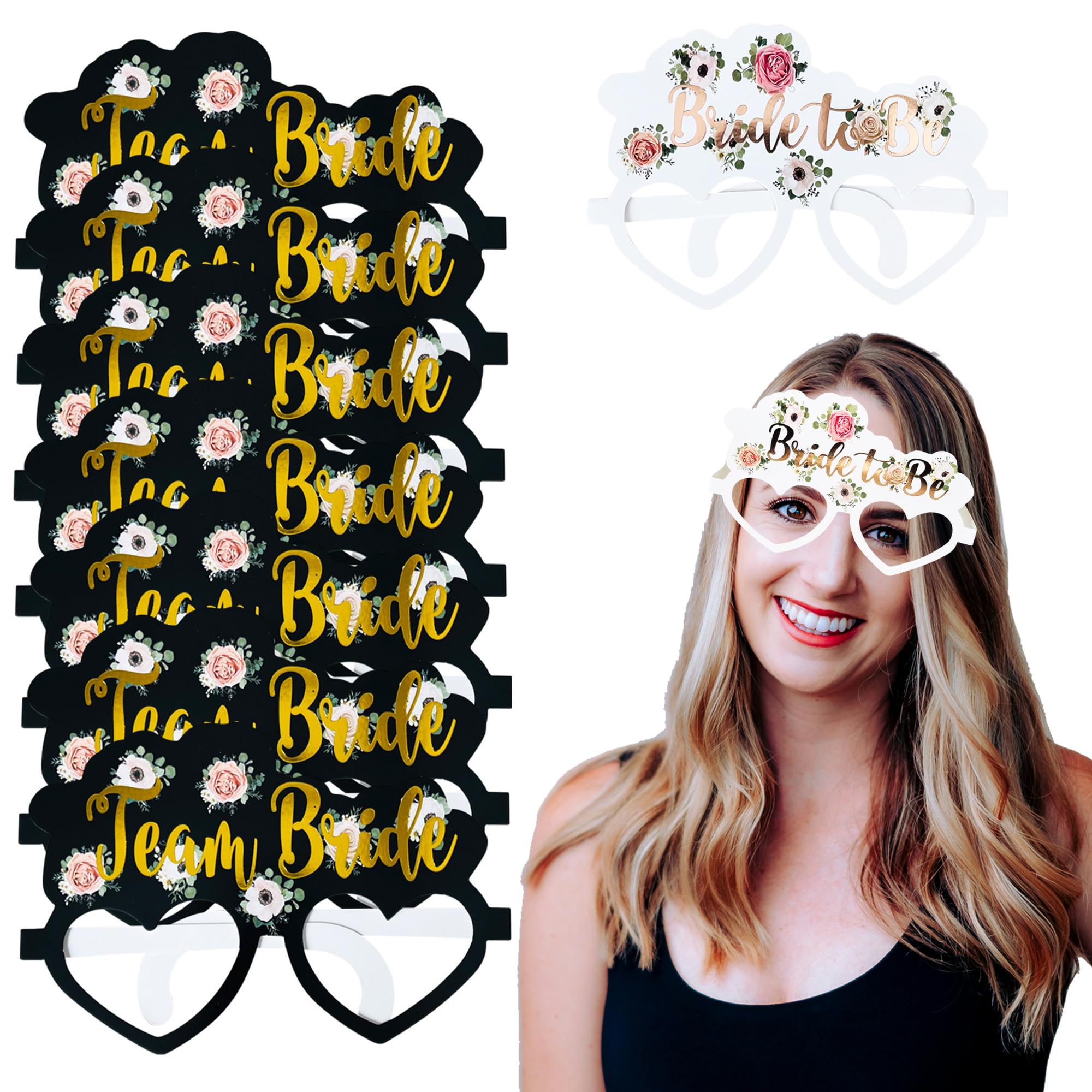 17 Pack Hen Party Glasses - 16x Team Bride & 1x Bride to Be - Black Floral Gold Sunglasses for Bachelorette Party Decorations, Bridal Shower Accessories & Girls Night Out - Perfect for Wedding Celebrations, Girls Trips & Photo Props