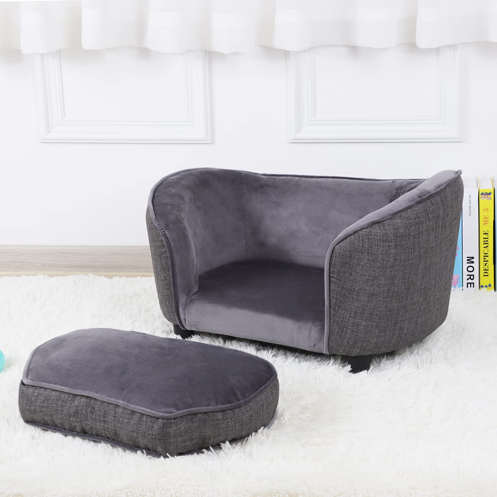 Premium Velvet & Linen Pet Sofa Bed - Washable Dog Couch for Small Dogs & Cats, Comfortable Gray Pet Bed for Living Room, Bedroom & Home Decor