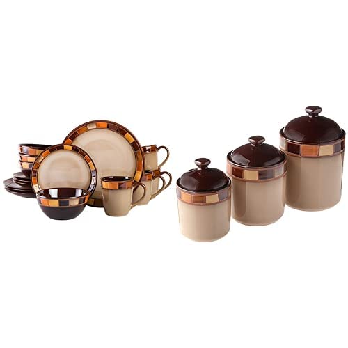 Gibson Casa Estebana 16-Piece Dinnerware Set & 3-Piece Canister Set - Beige & Brown Stoneware for 4 People - Complete Table Setting for Everyday Dining & Kitchen Storage