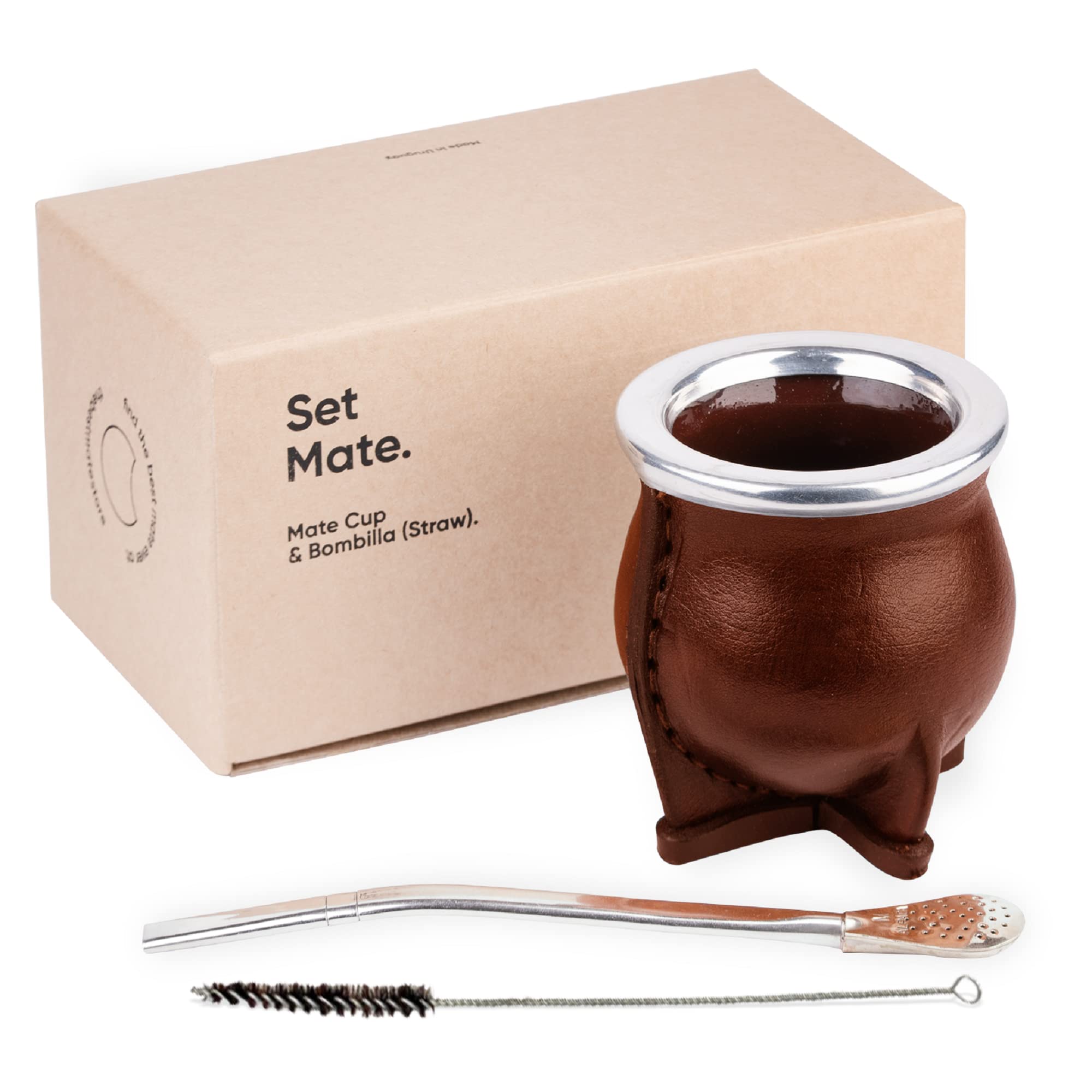 Premium Yerba Mate Cup Set - Handmade Ceramic & Leather - German Silver Straw - Perfect for Travel & Gifting