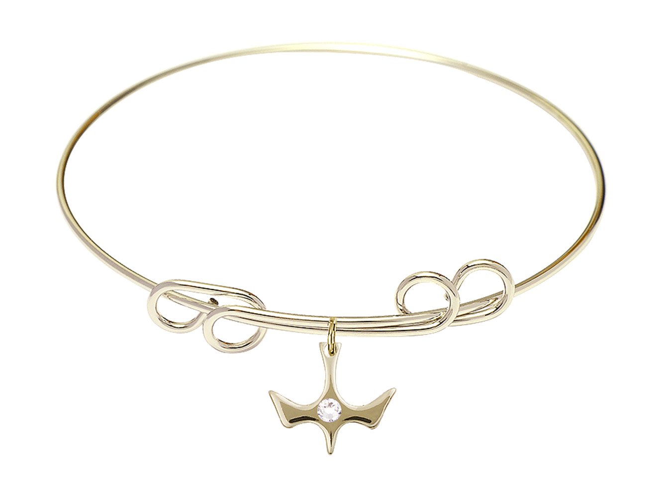 8 Inch Round Double Loop Bangle Bracelet with Holy Spirit Medal Charm & April Birthstone Crystal - Elegant Religious Jewelry for Women, Gift for Easter, Baptism, Confirmation & Daily Wear