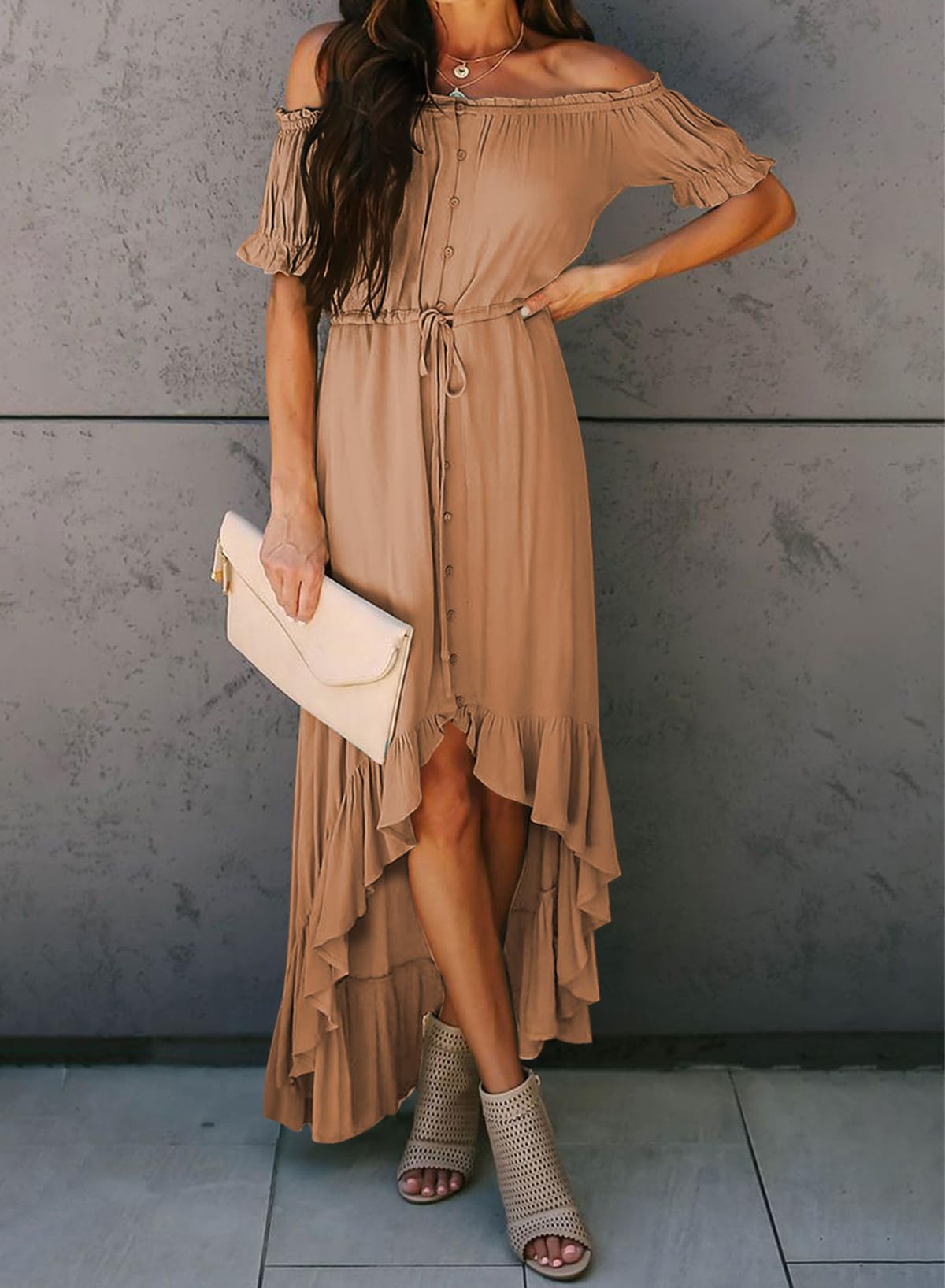Dokotoo Women's 2025 Off-Shoulder Casual Short Sleeve High-Low Maxi Dress - Solid Color Cocktail Skater Dress for Summer Beach, Party & Vacation