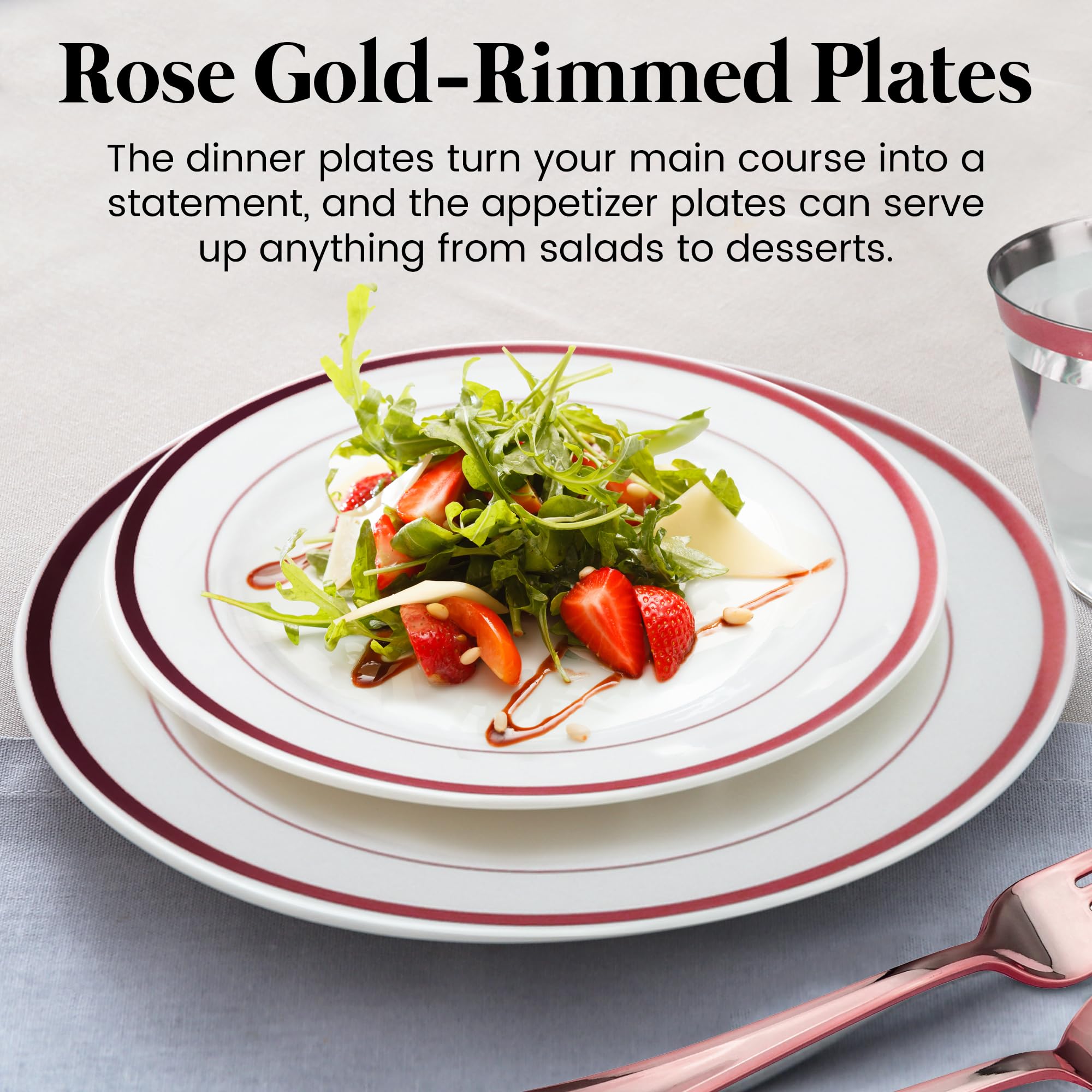 600-Piece Rose Gold Disposable Dinnerware Set - 200 White & Rose Gold Plastic Plates, 300 Rose Gold Plastic Cutlery, 100 Plastic Cups - Elegant Party Supplies for Weddings, Bridal Showers & Events (Serves 100 Guests)