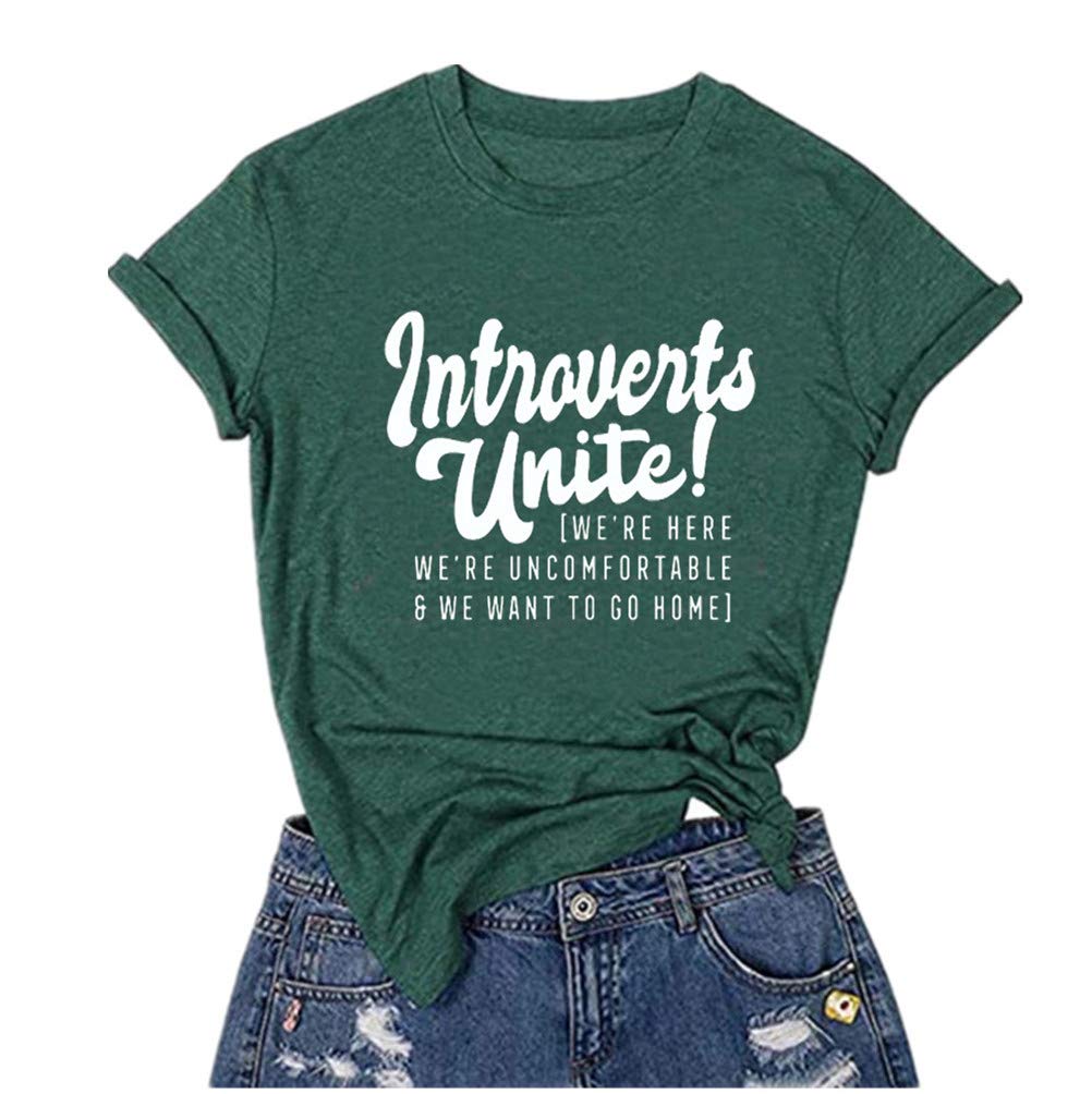 Introverts Unite! Funny Graphic Tee - Women's Letter Print Short Sleeve T-Shirt for Summer Casual Wear | Perfect for Relaxing at Home, Coffee Dates & Social Anxiety Comfort