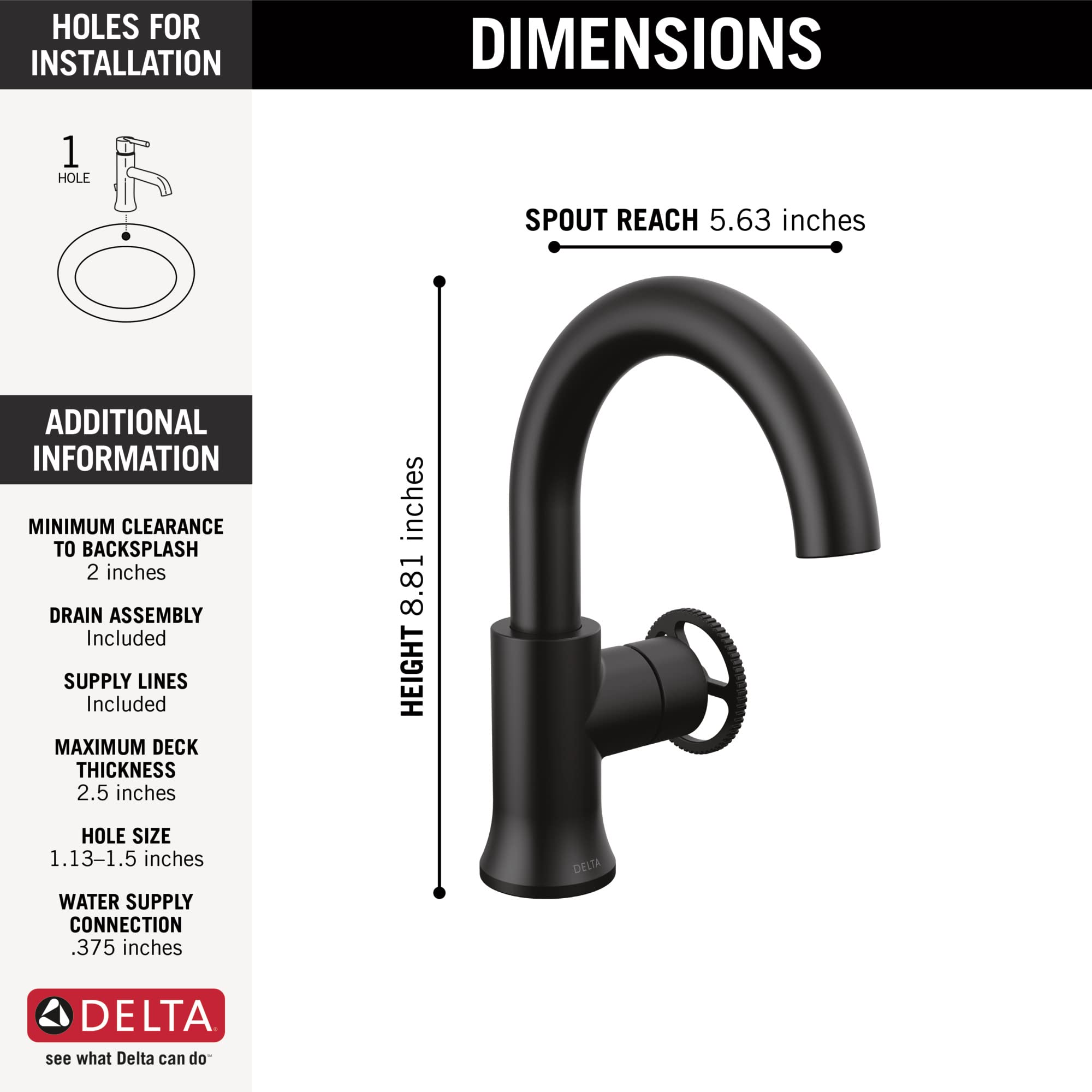 Delta Trinsic Single Hole Bathroom Faucet in Matte Black - Water-Saving Single Handle Bathroom Sink Faucet with Diamond Seal Technology & Drain Assembly - Perfect for Modern Bathrooms, Powder Rooms & Guest Baths