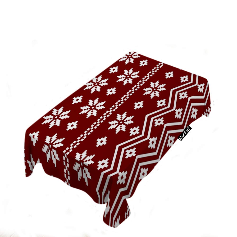 Scandinavian Christmas Tablecloth - Red Snowflake Chevron Pattern Rectangular Polyester Table Cover 60x90 Inch - Perfect for Holiday Dining, Kitchen Decor, Picnic & BBQ Parties