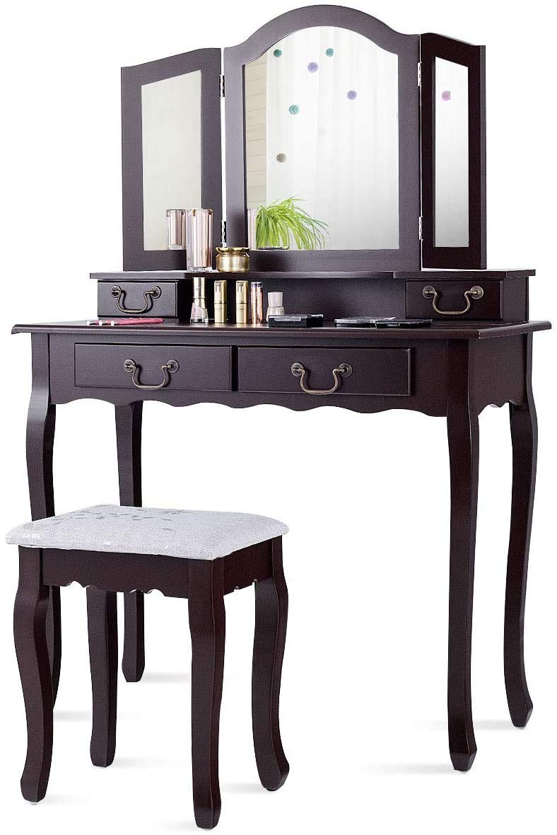 Tri-Fold Vanity Table Set with 4 Drawers & Adjustable Mirror - Detachable Top Writing Desk & Comfortable Stool - Perfect for Makeup, Dressing Room, Home Office, and Coffee Corner